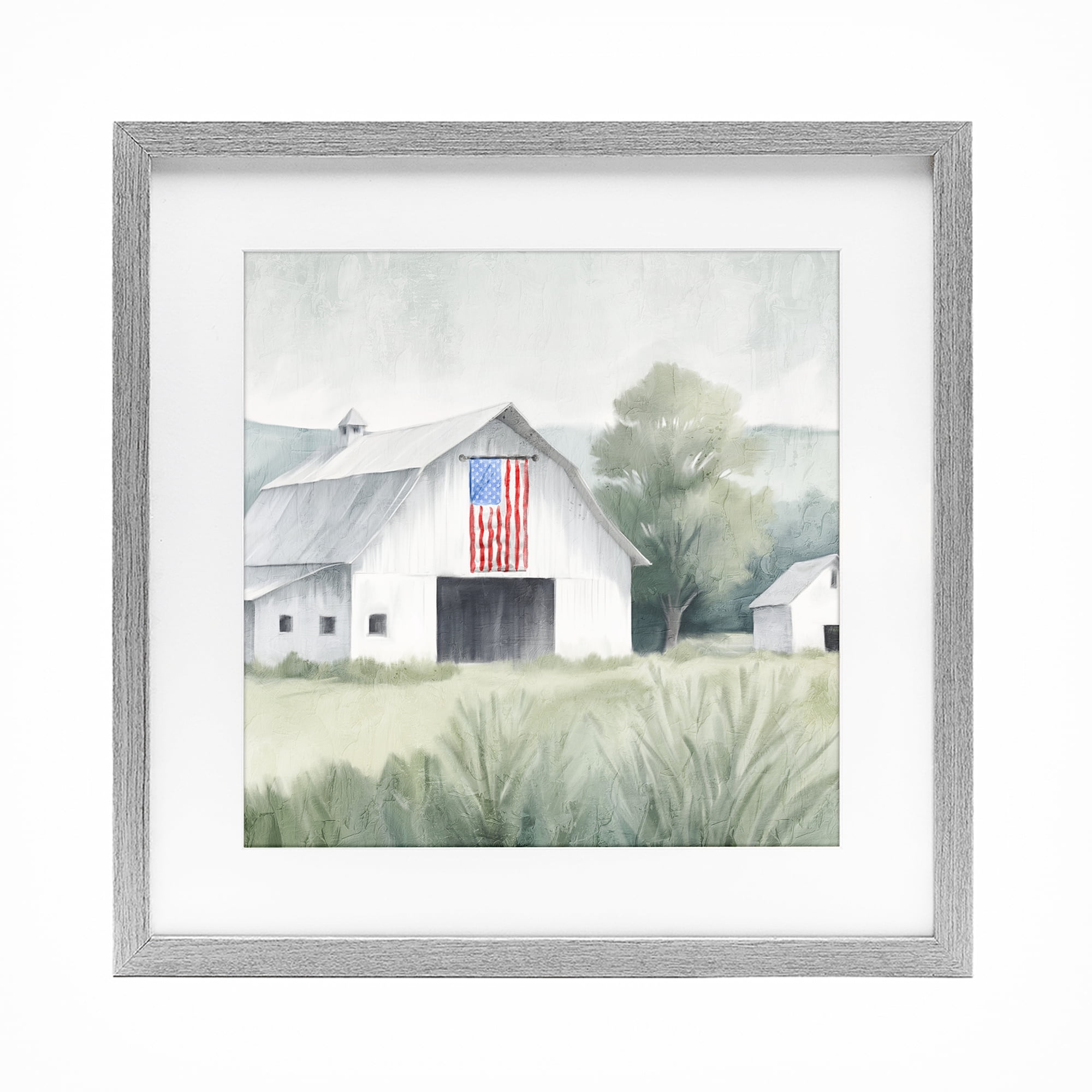 Stupell Industries Home USA Flag Barn Gray Framed Print Under Glass, design by Kim Allen