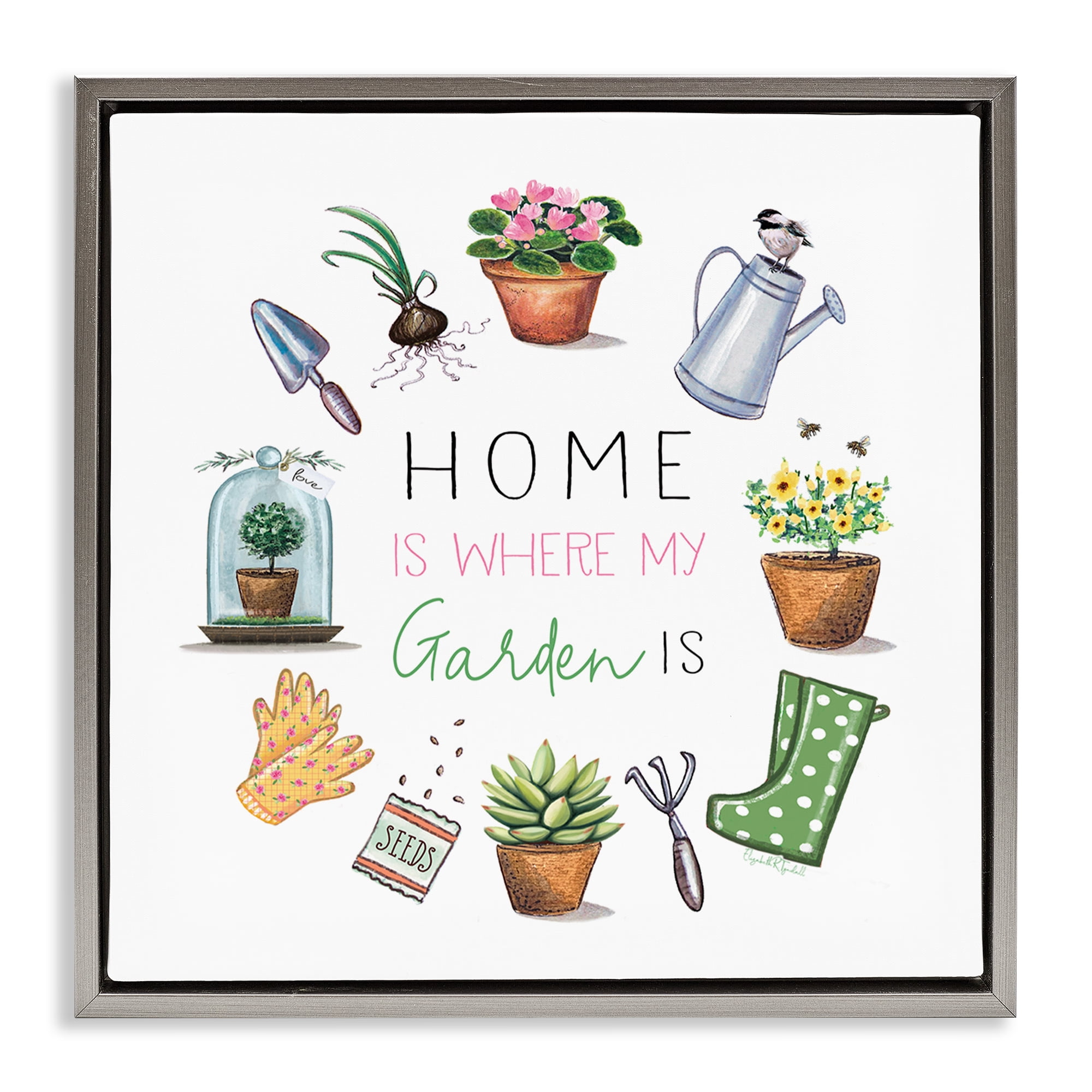 Stupell Industries Home Where Garden Is Plants & Flowers Painting Gray Floater Framed Canvas Art Print Wall Art, 25 x 25