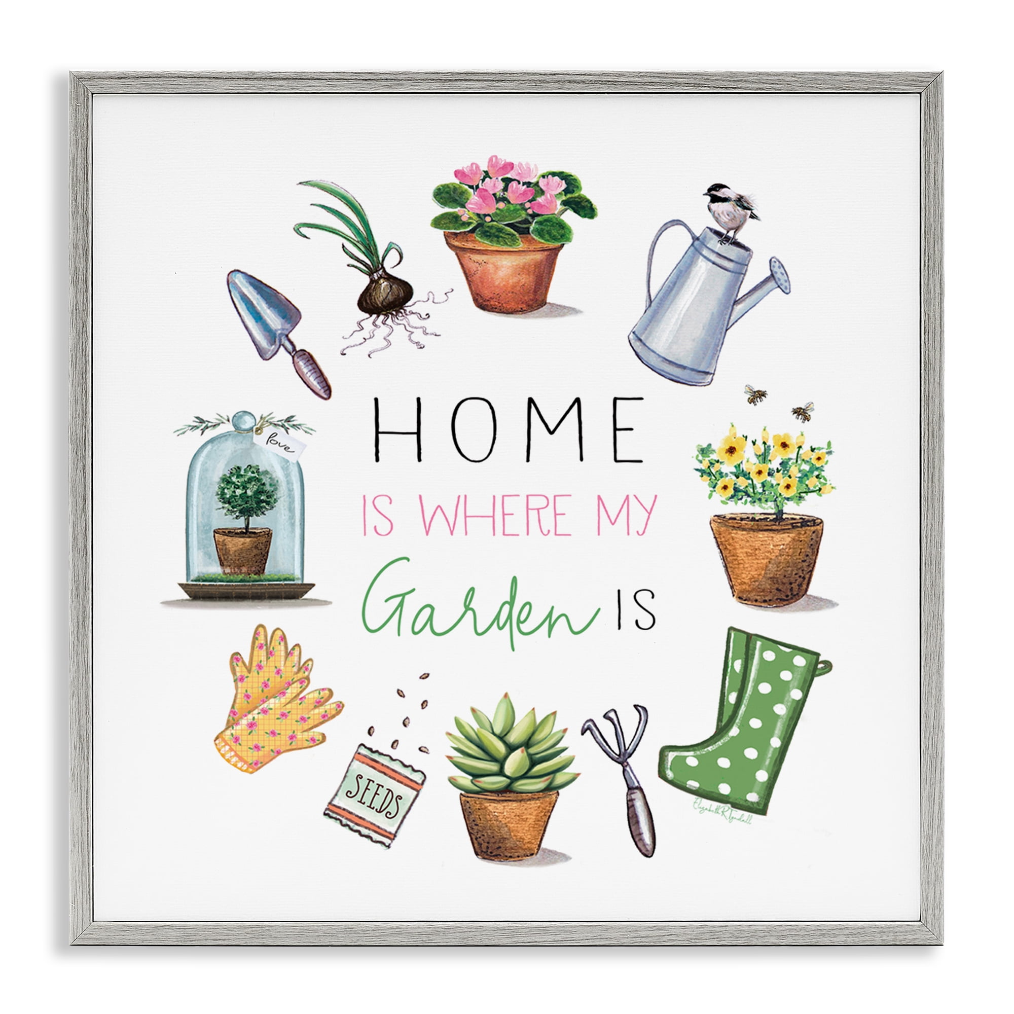Stupell Industries Home Where Garden Is Plants & Flowers Painting Gray Framed Art Print Wall Art, 24 x 24
