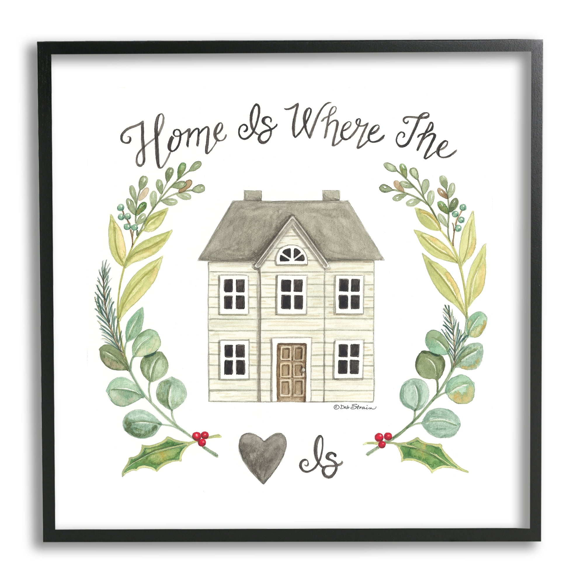 Stupell Industries Home Where Heart Is Botanical Leaf Laurel Border Graphic Art Black Framed Art Print Wall Art, Design by Deb Strain, image size:2000x2000