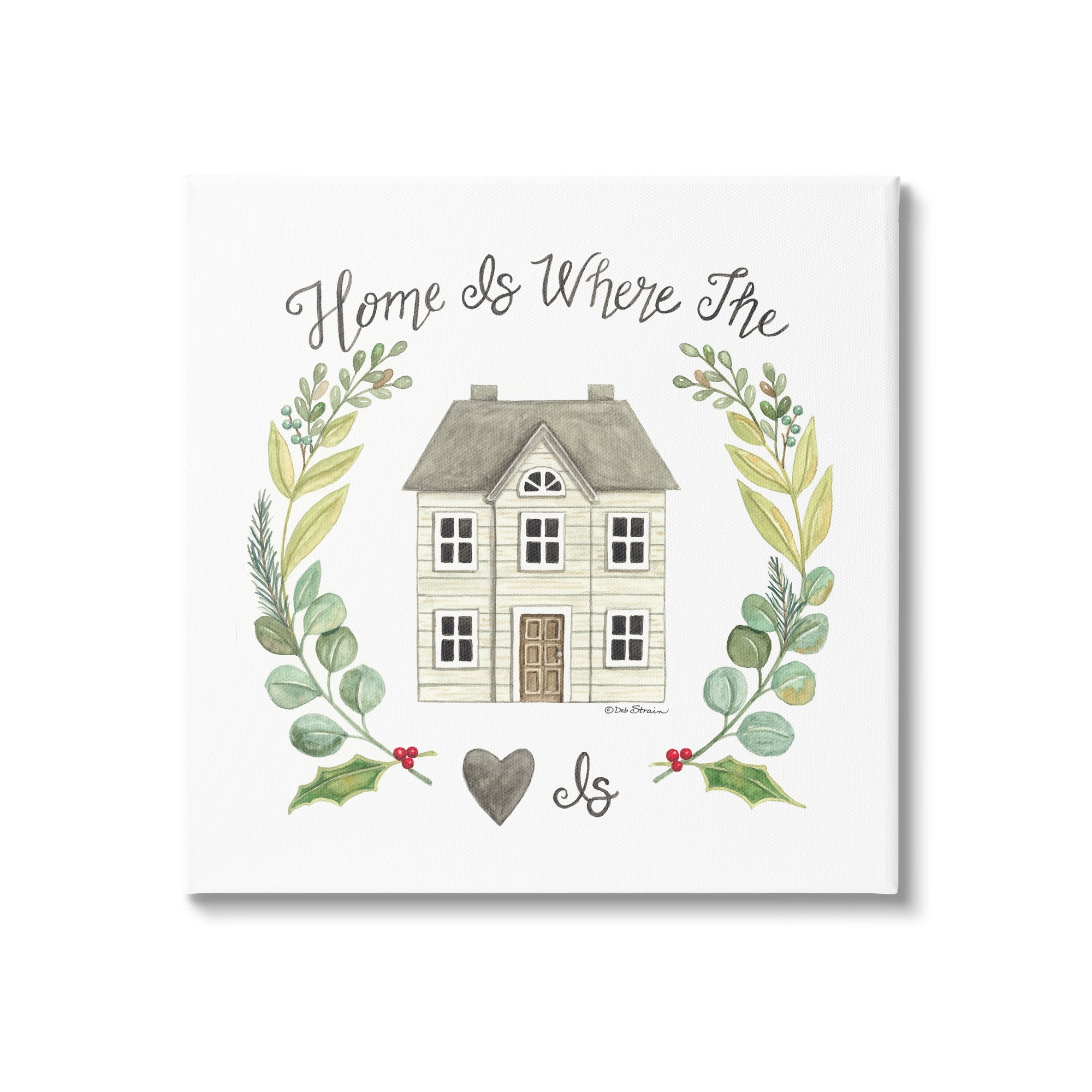 Stupell Industries Home Where Heart Is Botanical Leaf Laurel Border Graphic Art Gallery Wrapped Canvas Print Wall Art, Design by Deb Strain