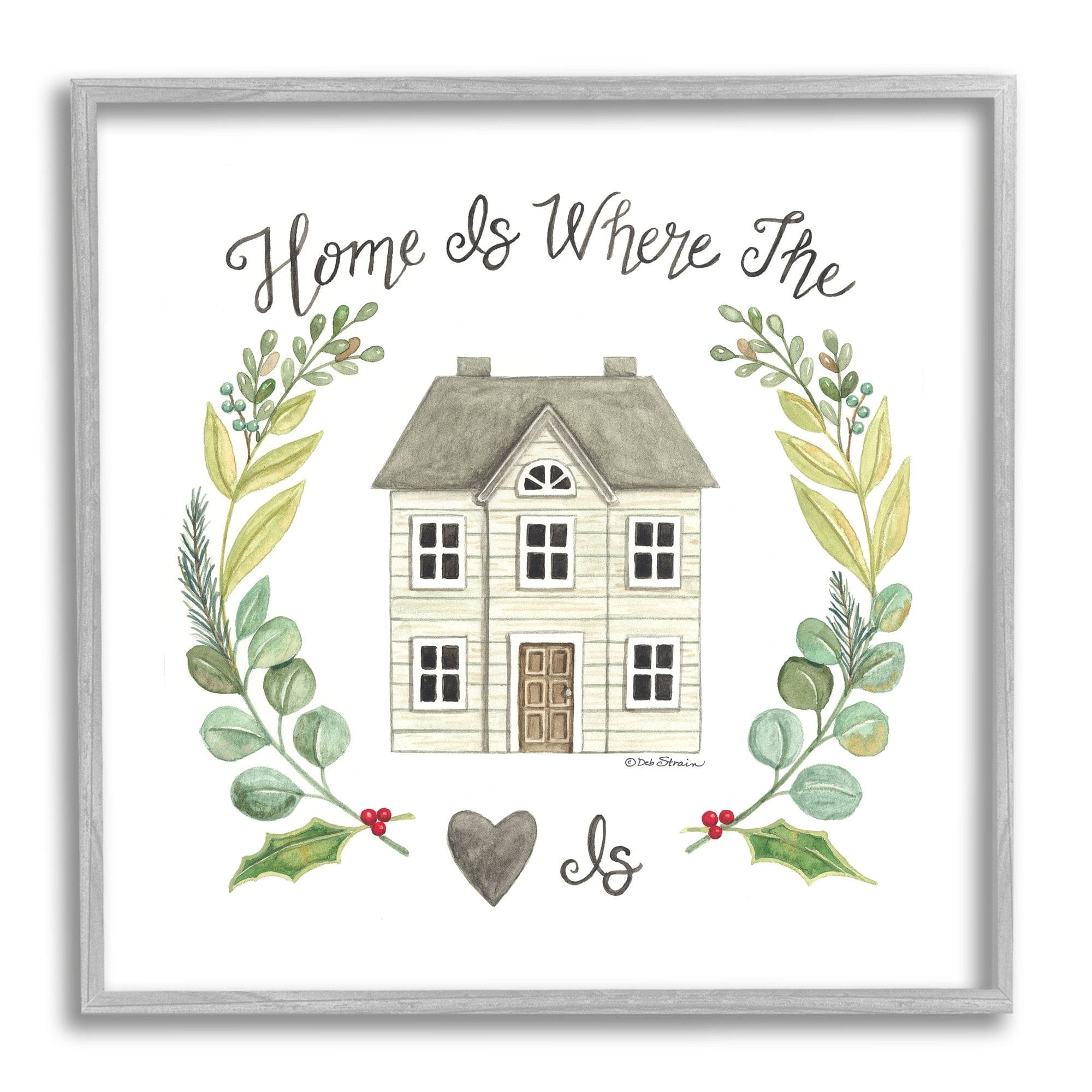 Stupell Industries Home Where Heart Is Botanical Leaf Laurel Border Graphic Art Gray Framed Art Print Wall Art, Design by Deb Strain