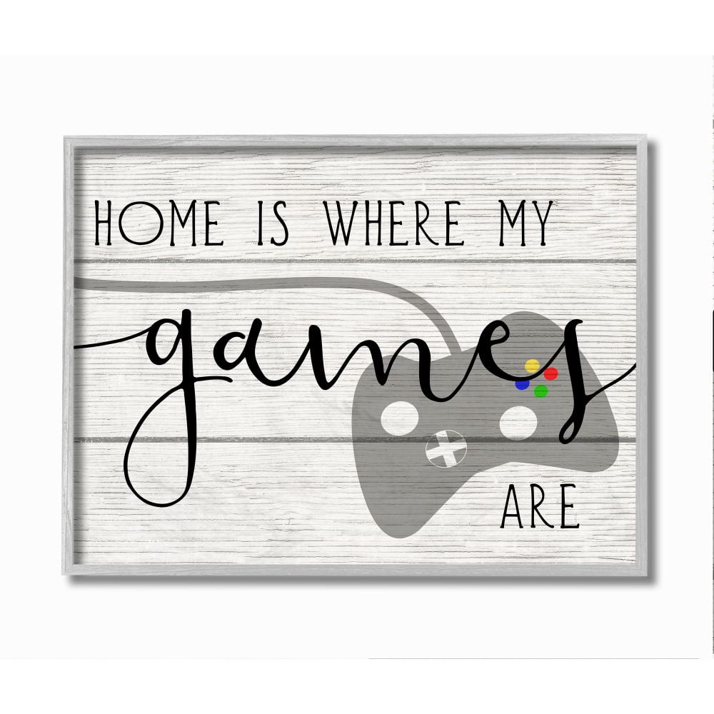 Stupell Industries Home is Where My Games Are Quote Rustic Play Design Framed Wall Art Design by Daphne Polselli, 16" x 20", Gray Framed