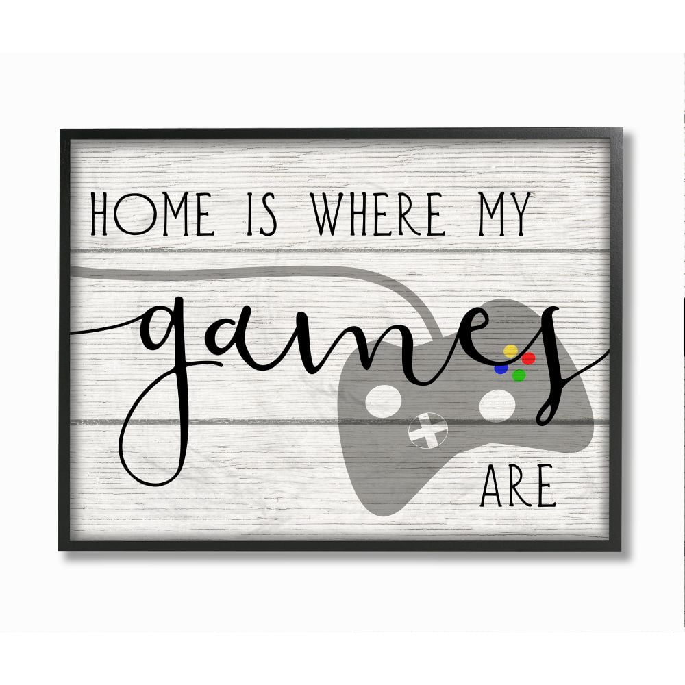 Stupell Industries Home is Where My Games Are Quote Rustic Play Design Framed Wall Art Design by Daphne Polselli, 24" x 30", Black Framed