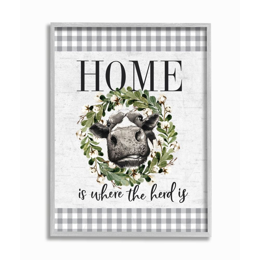 Stupell Industries Home is Where the Herd Is Farm Cow Pun Framed Wall Art Design by Lettered and Lined, 16" x 20", Gray Framed