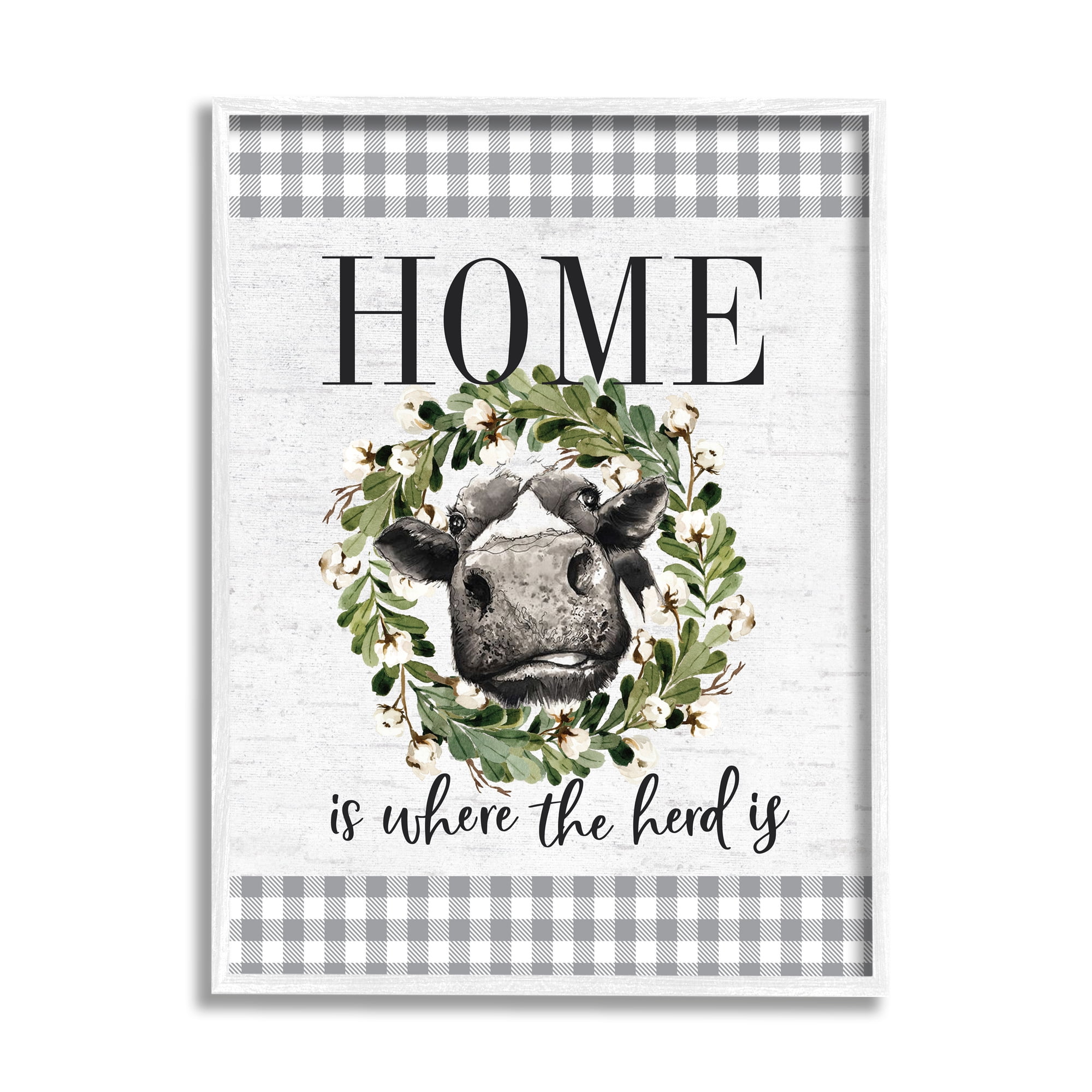 Stupell Industries Home is Where the Herd Is Farm Cow Pun Graphic Art White Framed Art Print Wall Art, 24x30, by Lettered and Lined
