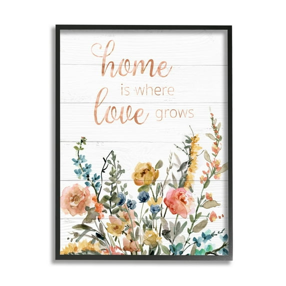 Stupell Industries Home's Where Love Grows Motivational Family Phrase Spring Wildflowers Graphic Art Black Framed Art Print Wall Art, 24x30, by Carol Robinson