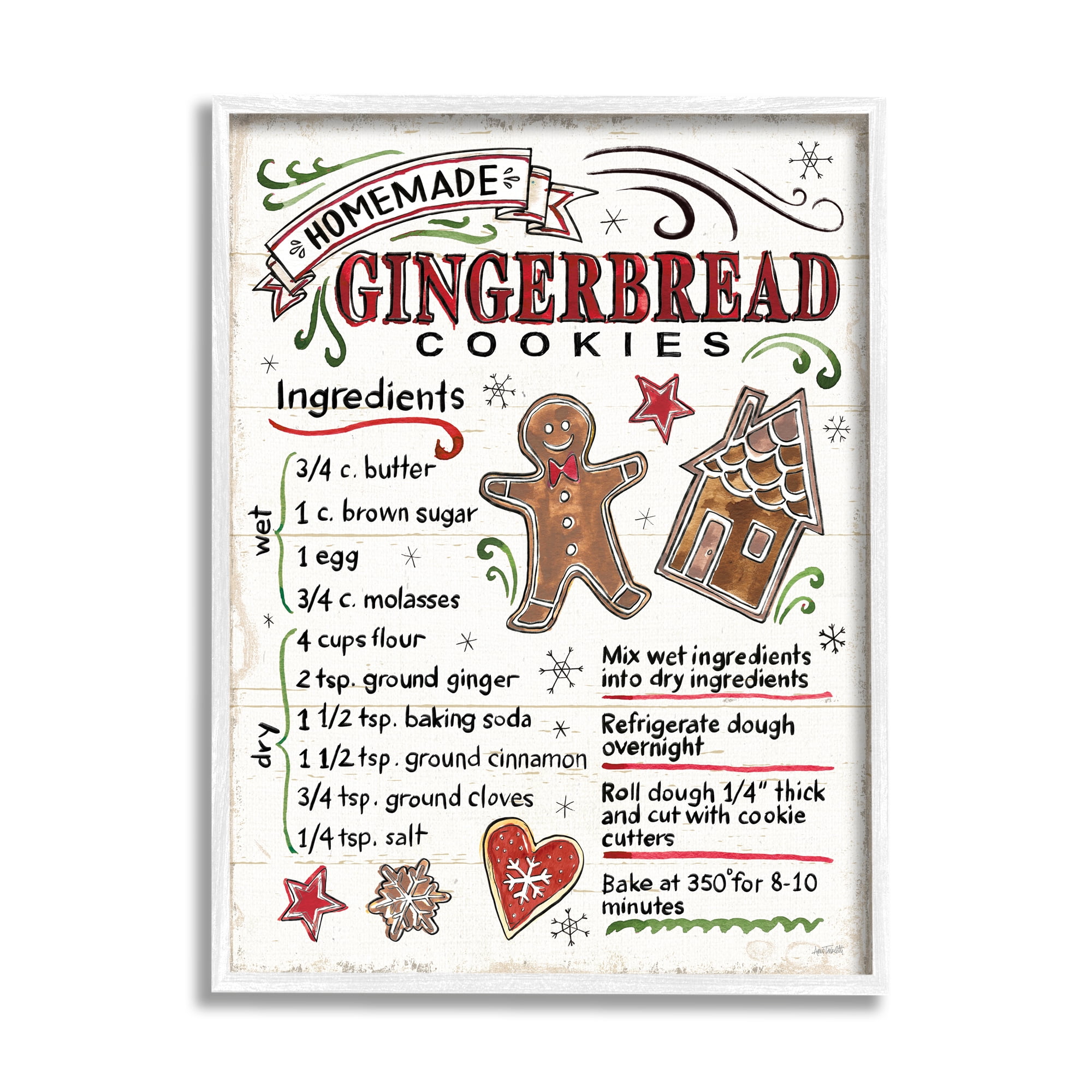 Stupell Industries Homemade Gingerbread Cookies Holiday Cooking Instructions Country Painting White Framed Art Print Wall Art, 24 x 30, Design by Anne Tavoletti