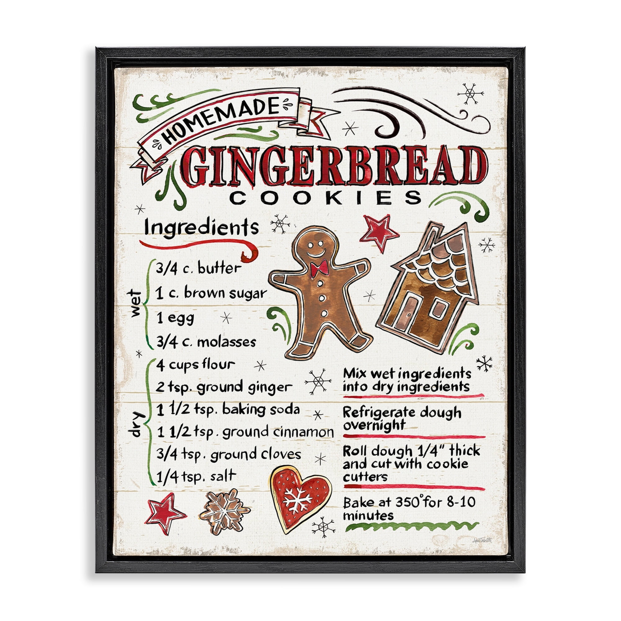 Stupell Industries Homemade Gingerbread Cookies Holiday Cooking Instructions Jet Black Framed Floating Canvas Wall Art, 24x30, by Anne Tavoletti