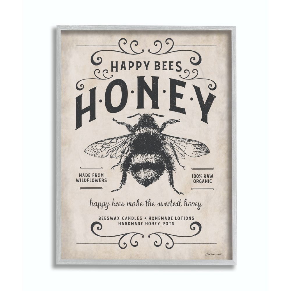 Stupell Industries Honey Bee Rustic Farm Textured Word Design Gray Farmhouse Rustic Framed Giclee Texturized Art by Stephanie Workman Marrott