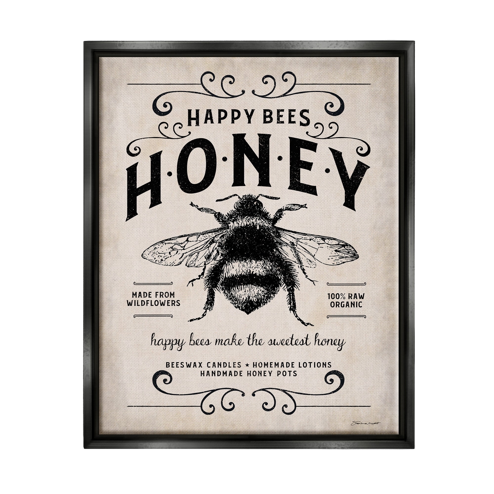 Stupell Industries Honey Bee Rustic Farm Textured Word Design Jet Black Framed Floating Canvas Wall Art, 24x30, by Stephanie Workman Marrott