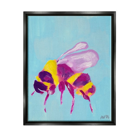 Stupell Industries Honey Bee on Blue Animals & Insects Painting Black Floater Framed Canvas Art Print Wall Art, 17 x 21