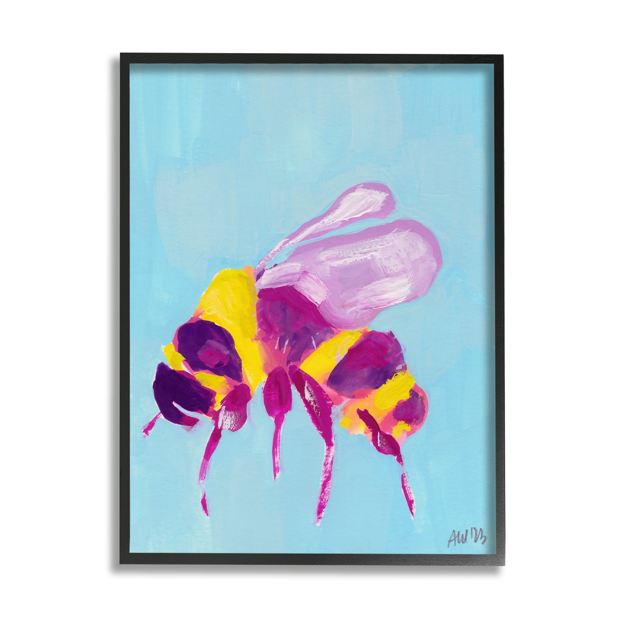 Stupell Industries Honey Bee on Blue Animals & Insects Painting Black Framed Art Print Wall Art, 16 x 20