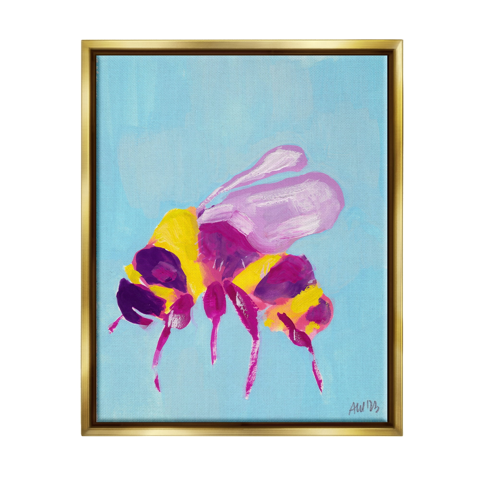 Stupell Industries Honey Bee on Blue Animals & Insects Painting Gold Floater Framed Canvas Art Print Wall Art, 25 x 31