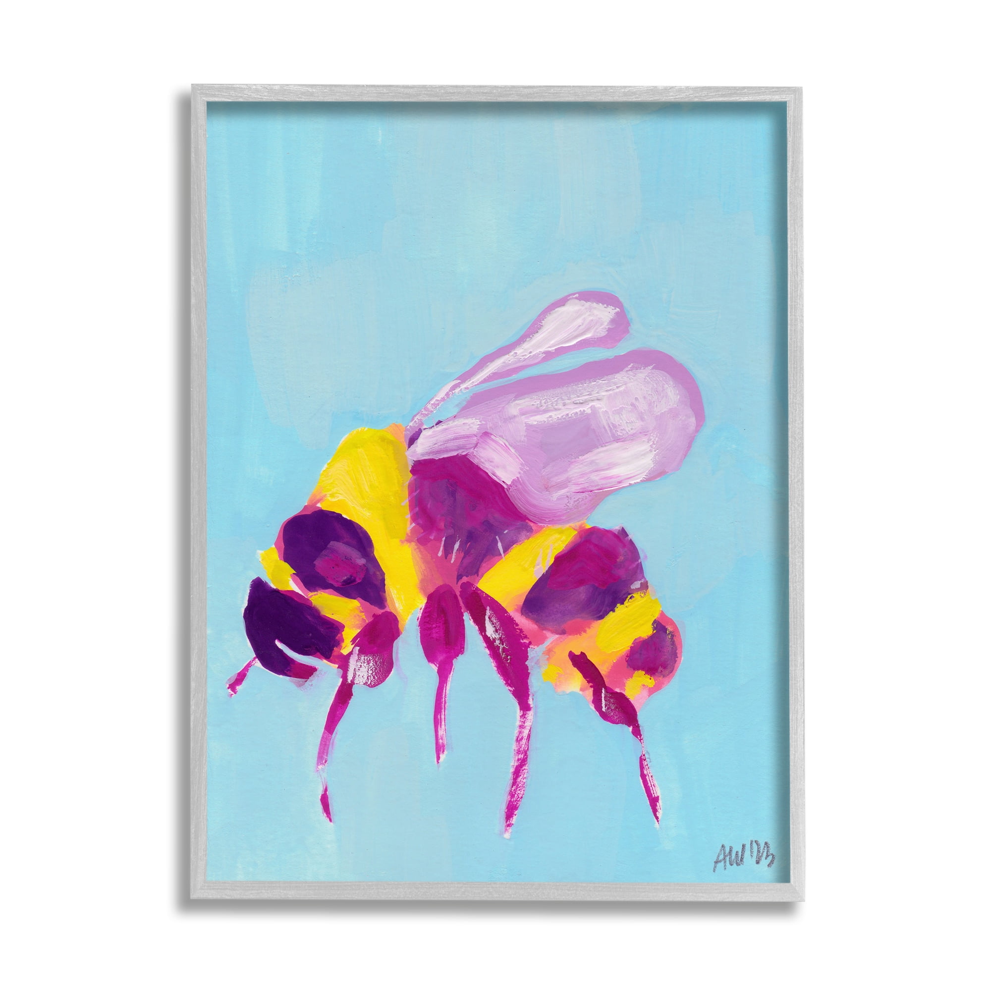 Stupell Industries Honey Bee on Blue Animals & Insects Painting Gray Framed Art Print Wall Art, 16 x 20