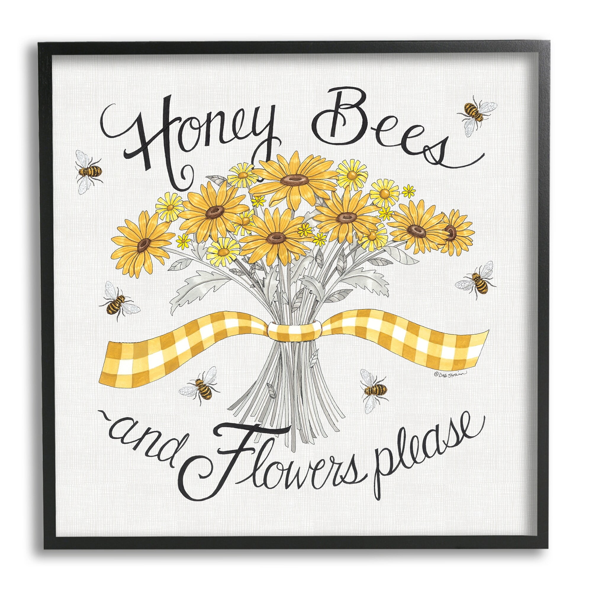 Stupell Industries Honey Bees Flowers Please Phrase Vintage Yellow Daisies, 12 x 12,Design by Deb Strain
