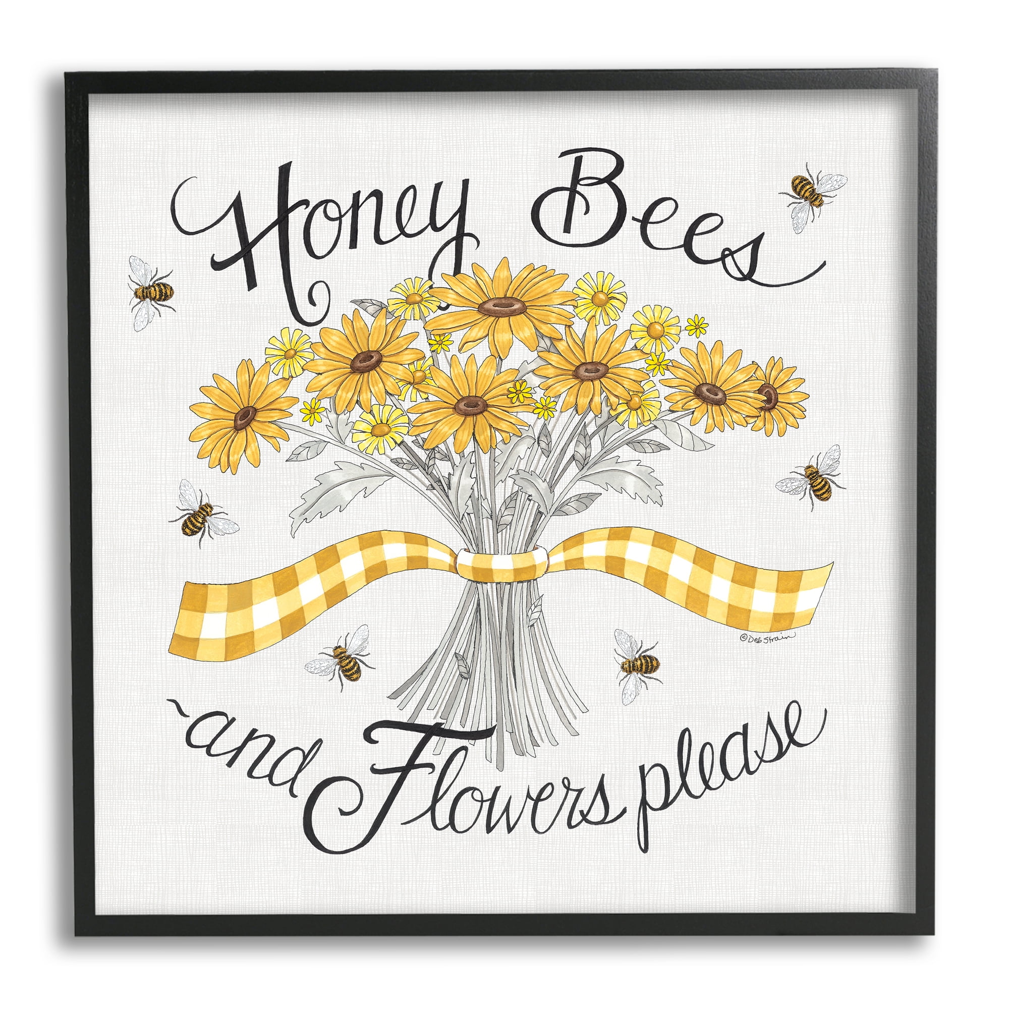 Stupell Industries Honey Bees Flowers Please Phrase Vintage Yellow Daisies, 17 x 30,Design by Deb Strain
