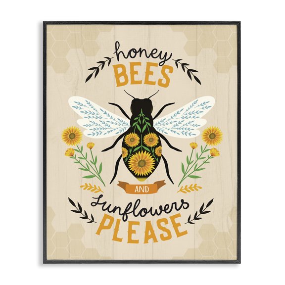 Stupell Industries Traditional Honey Bees Sunflowers Please Spring Garden Floral Phrase Black Framed Giclee Art, 11 x 14, by Louise Allen Designs