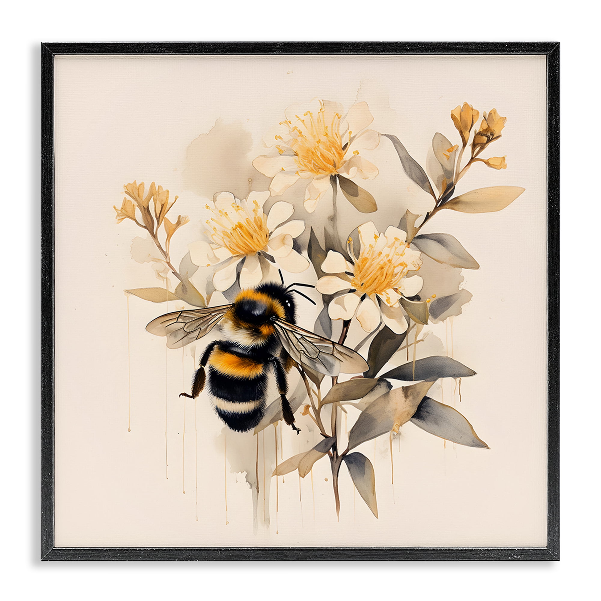 Stupell Industries Honeybee with Daisies Animals & Insects Painting Black Framed Art Print Wall Art, 24 x 24