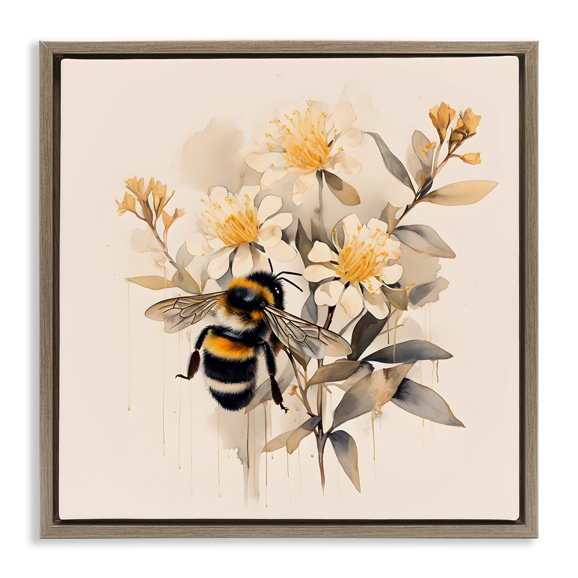 Stupell Industries Honeybee with Daisies Animals & Insects Painting Brown Floater Framed Canvas Art Print Wall Art, 18 x 18