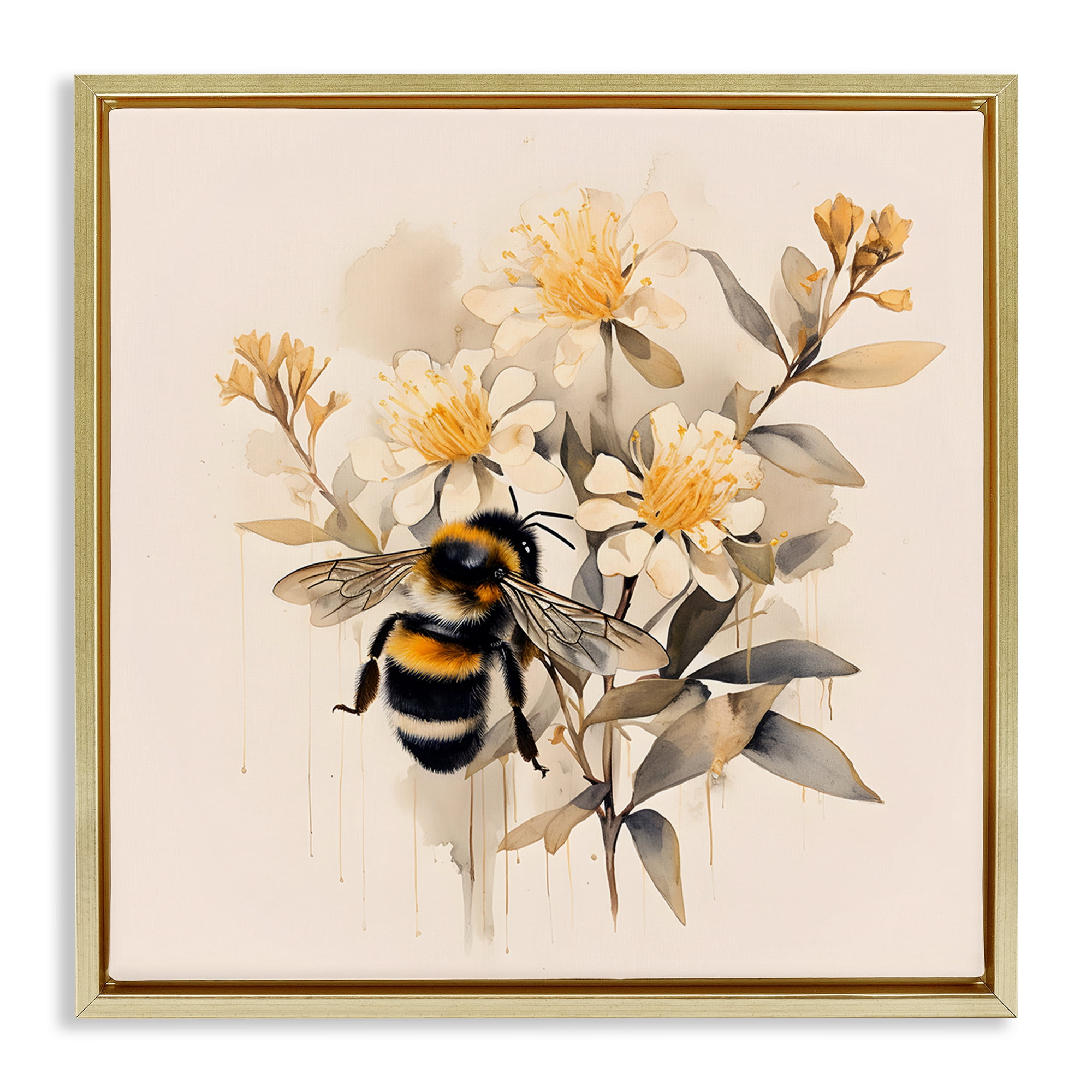 Stupell Industries Honeybee with Daisies Animals & Insects Painting Gold Floater Framed Canvas Art Print Wall Art, 25 x 25