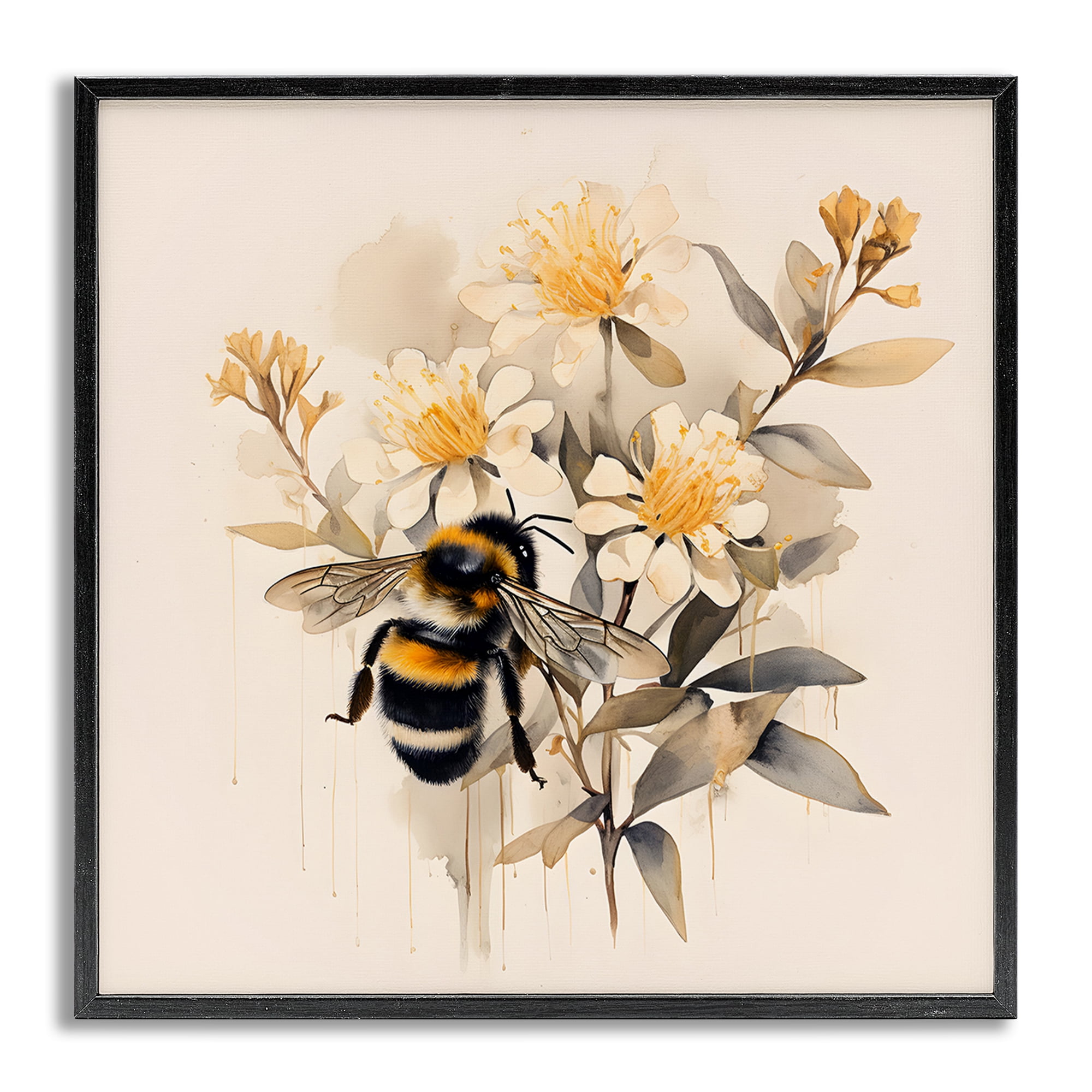 Gray Framed Honeybee with Daisies Canvas Print, 24" x 24"