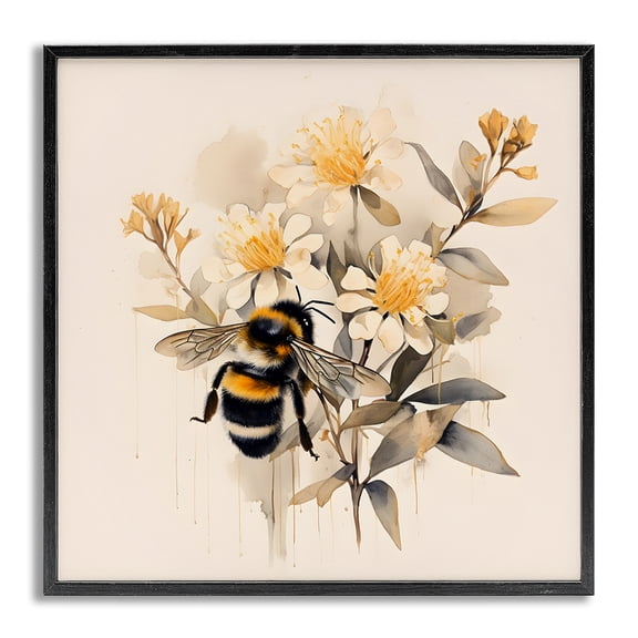 Stupell Industries Honeybee with Daisies Animals & Insects Painting Gray Framed Art Print Wall Art, 24 x 24