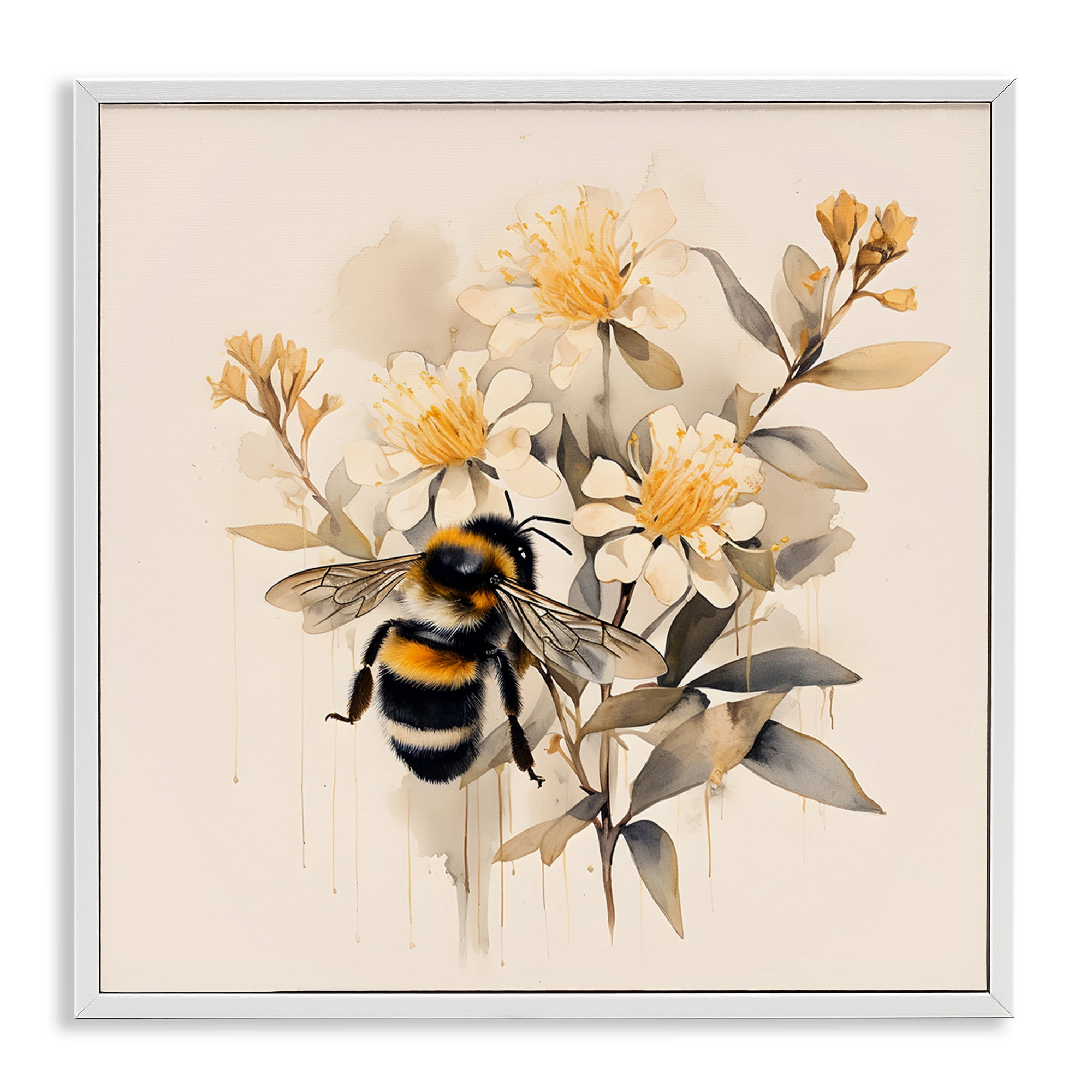 Stupell Industries Honeybee with Daisies Animals & Insects Painting White Framed Art Print Wall Art, 17 x 17