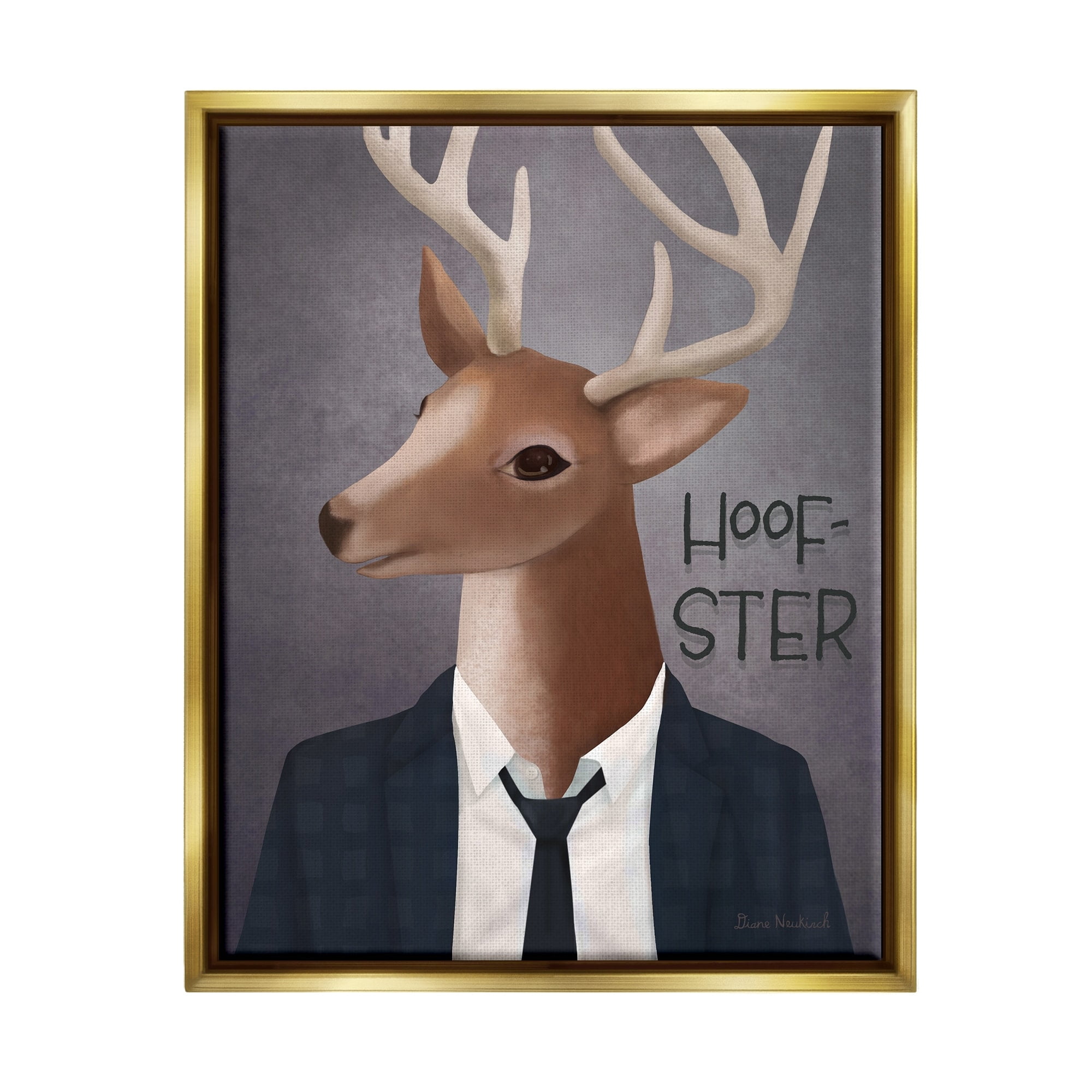 Stupell Industries Hoof-Ster Witty Deer Stag Wearing Suit Necktie Graphic Art Metallic Gold Floating Framed Canvas Print Wall Art, Design by Diane Neukirch