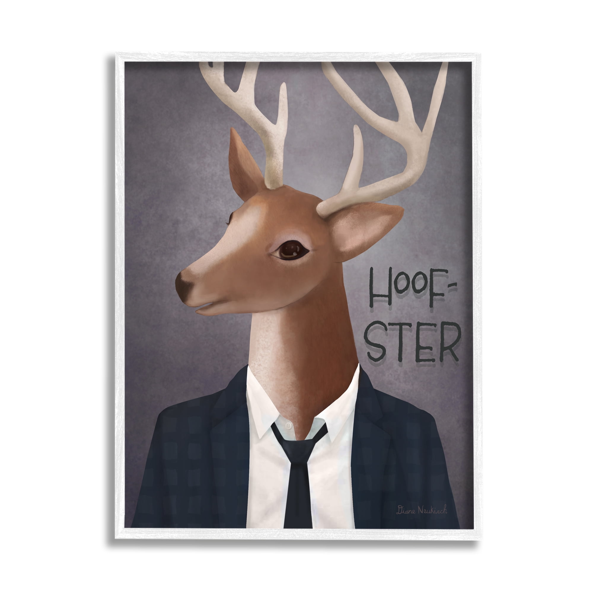 Stupell Industries Hoof-Ster Witty Deer Stag Wearing Suit Necktie Graphic Art White Framed Art Print Wall Art, Design by Diane Neukirch