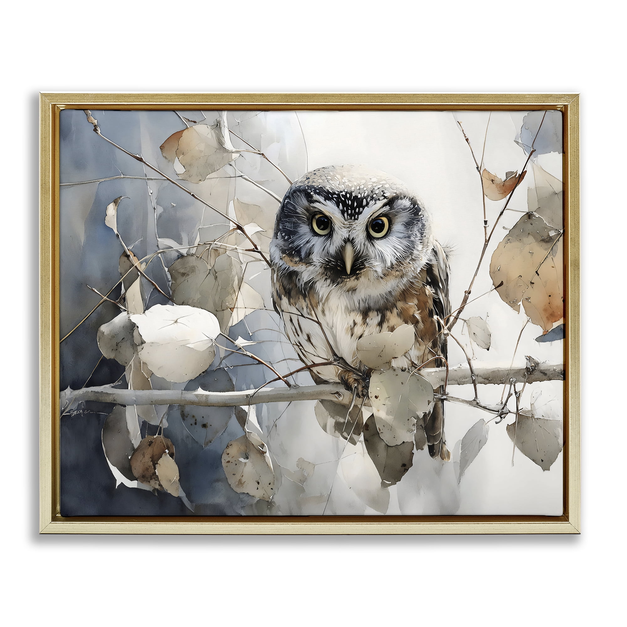 Stupell Industries Hoot Owl on Autumn Branch Gold Framed Floater Canvas Wall Art, design by Franklyn Gregory