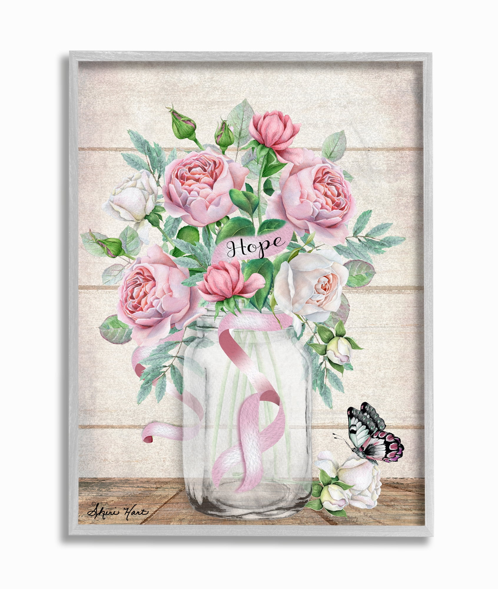Stupell Industries Hope Flower Jar Butterfly Pink Painting Framed Wall Art by Sheri Hart