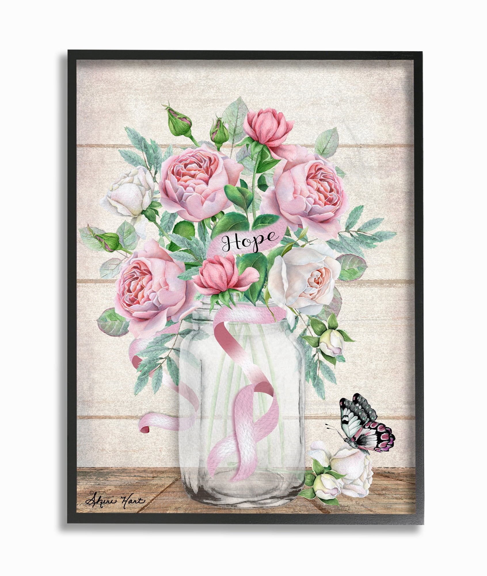Stupell Industries Hope Flower Jar Butterfly Pink Painting Framed Wall Art by Sheri Hart