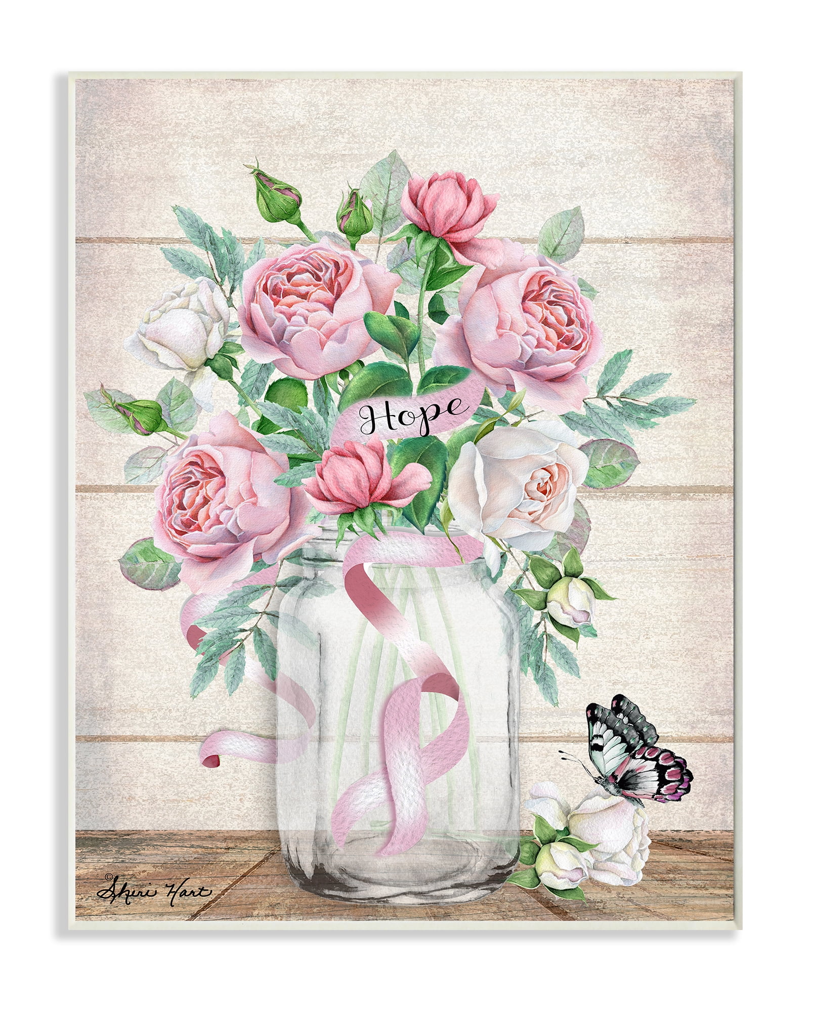 Stupell Industries Hope Flower Jar Butterfly Pink Painting Unframed Art Print Wall Art, 13x19, by Sheri Hart