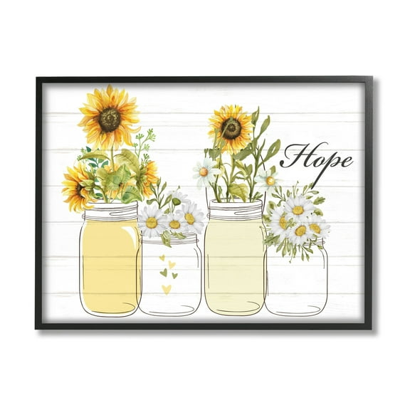 Stupell Industries Hope Script Sunflower Jars Rustic Country Flowers Graphic Art Black Framed Art Print Wall Art, Design by Kim Allen