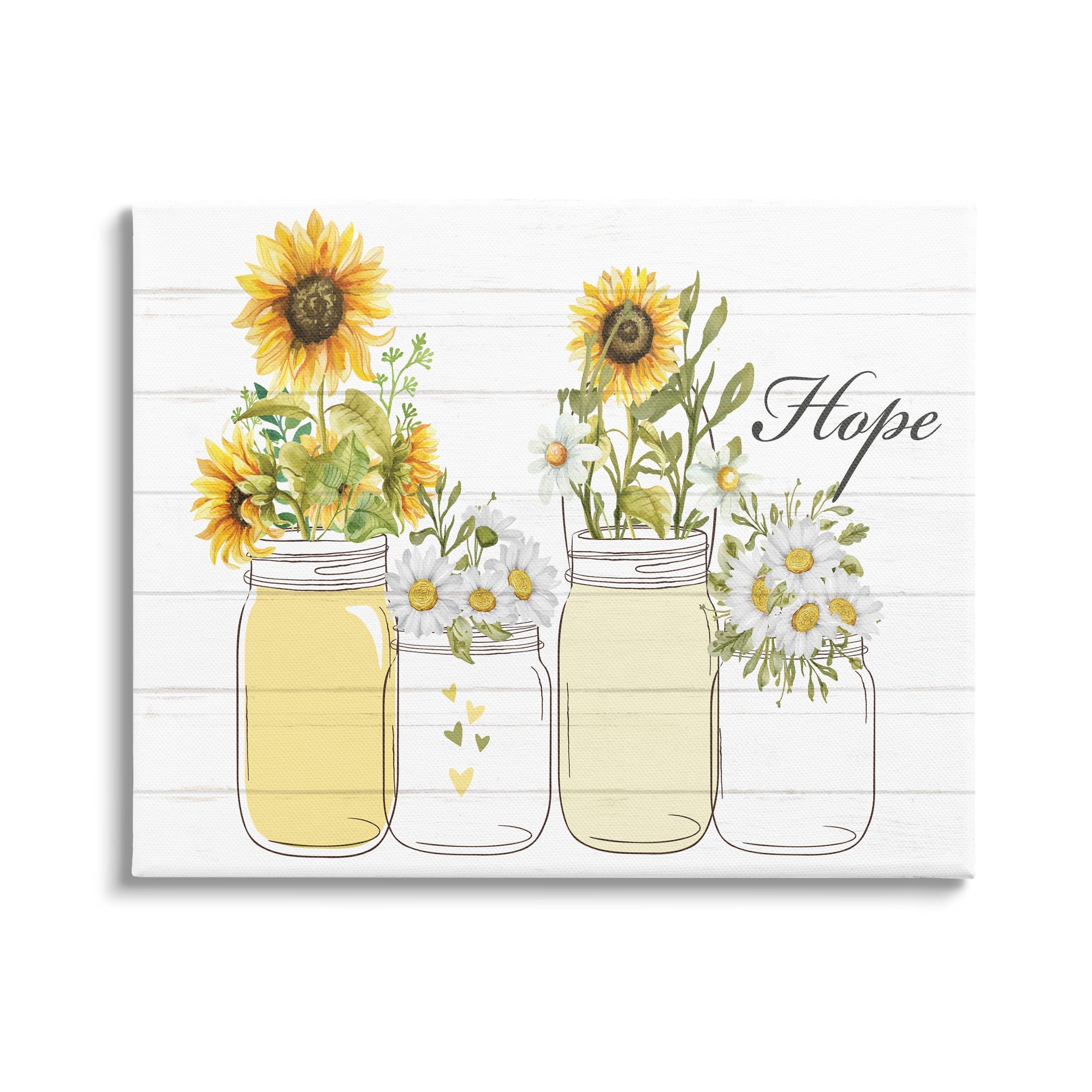 Stupell Industries Hope Script Sunflower Jars Rustic Country Flowers Graphic Art Gallery Wrapped Canvas Print Wall Art, Design by Kim Allen