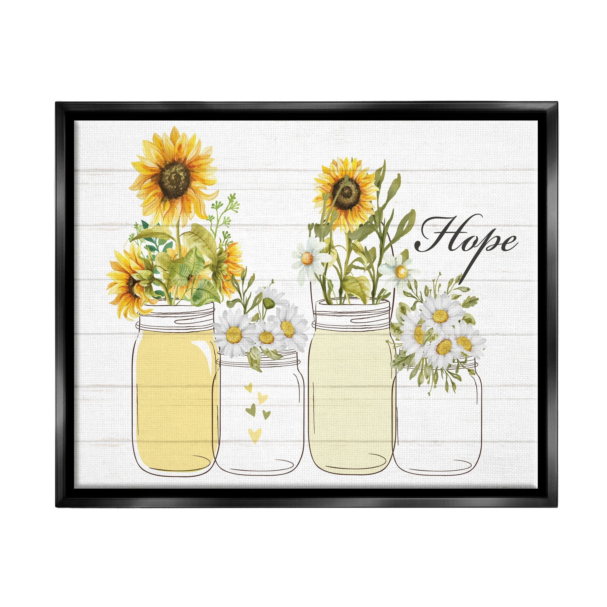 Stupell Industries Hope Script Sunflower Jars Rustic Country Flowers Graphic Art Jet Black Floating Framed Canvas Print Wall Art, Design by Kim Allen
