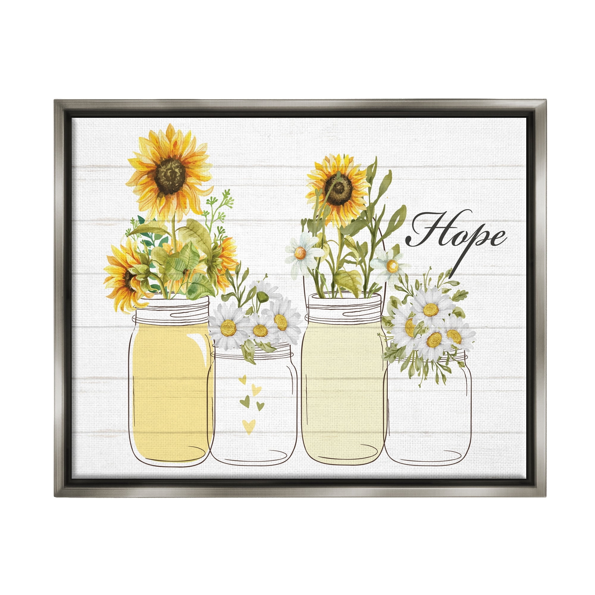 Stupell Industries Hope Script Sunflower Jars Rustic Country Flowers Graphic Art Luster Gray Floating Framed Canvas Print Wall Art, Design by Kim Allen