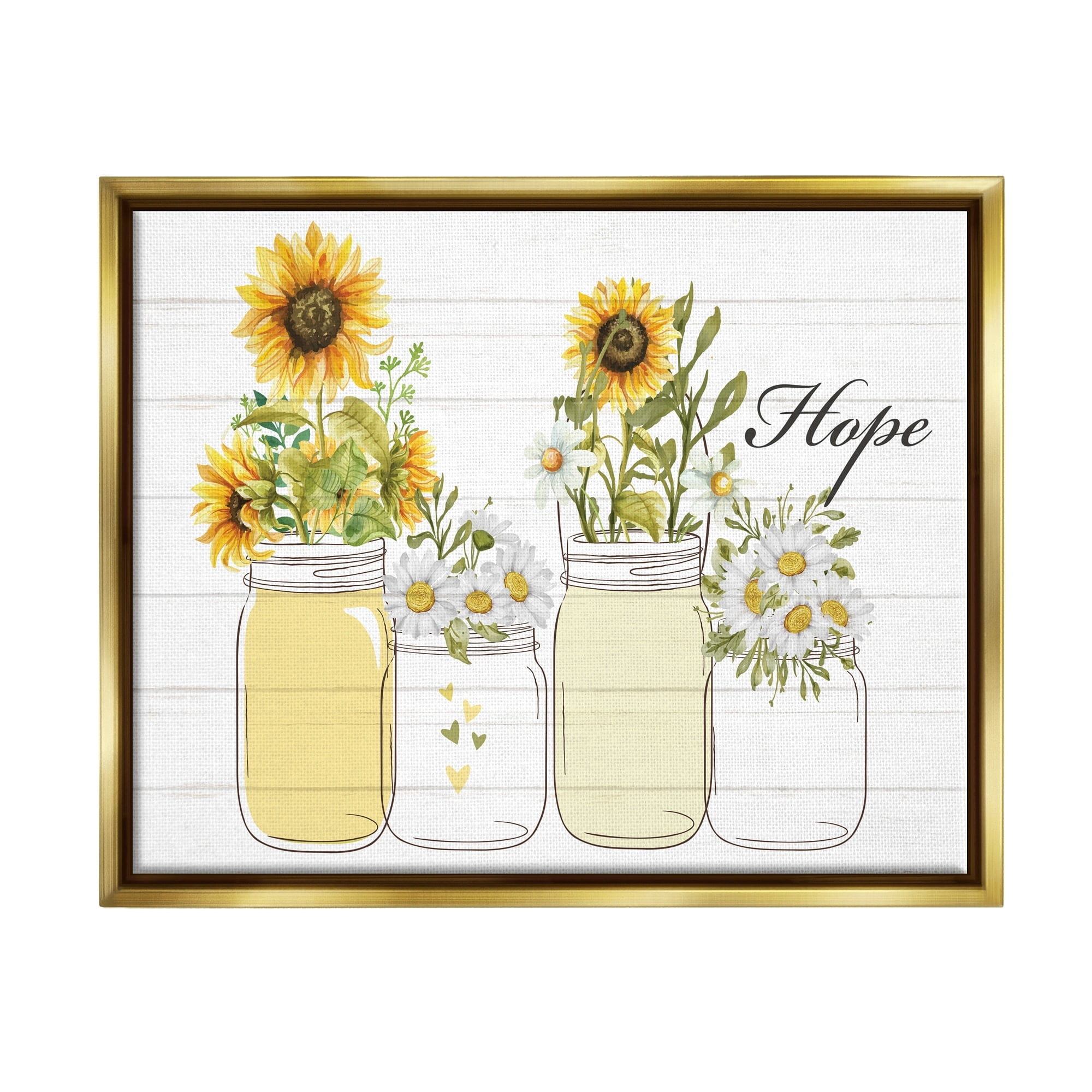 Stupell Industries Hope Script Sunflower Jars Rustic Country Flowers Graphic Art Metallic Gold Floating Framed Canvas Print Wall Art, Design by Kim Allen