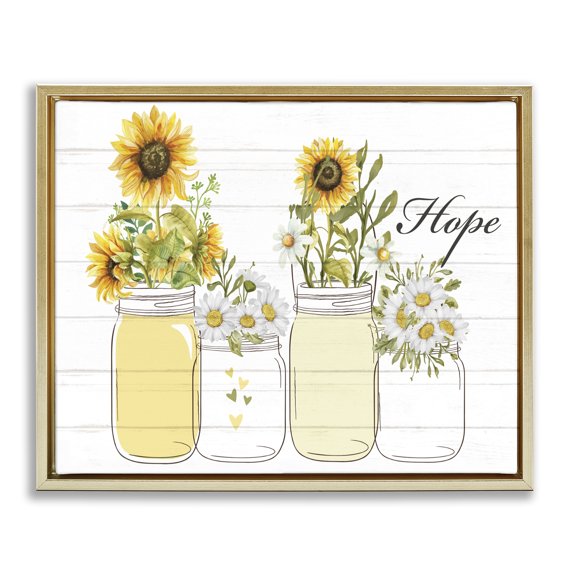 Stupell Industries Cottage Hope Script Sunflower Jars Rustic Country Flowers Gold Floating Frame Canvas Art, 31 x 25, by Kim Allen
