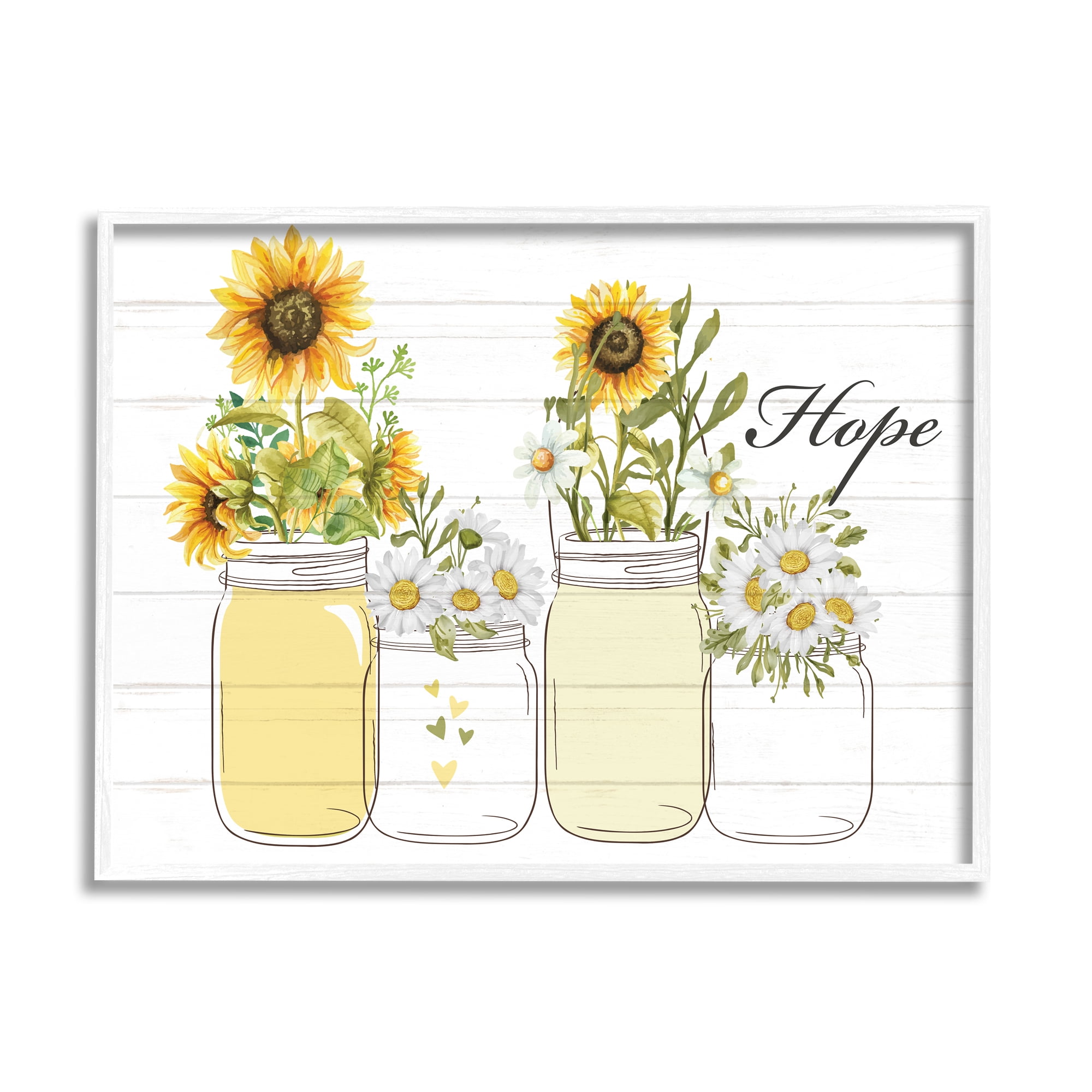 Stupell Industries Hope Script Sunflower Jars Rustic Country Flowers Graphic Art White Framed Art Print Wall Art, Design by Kim Allen
