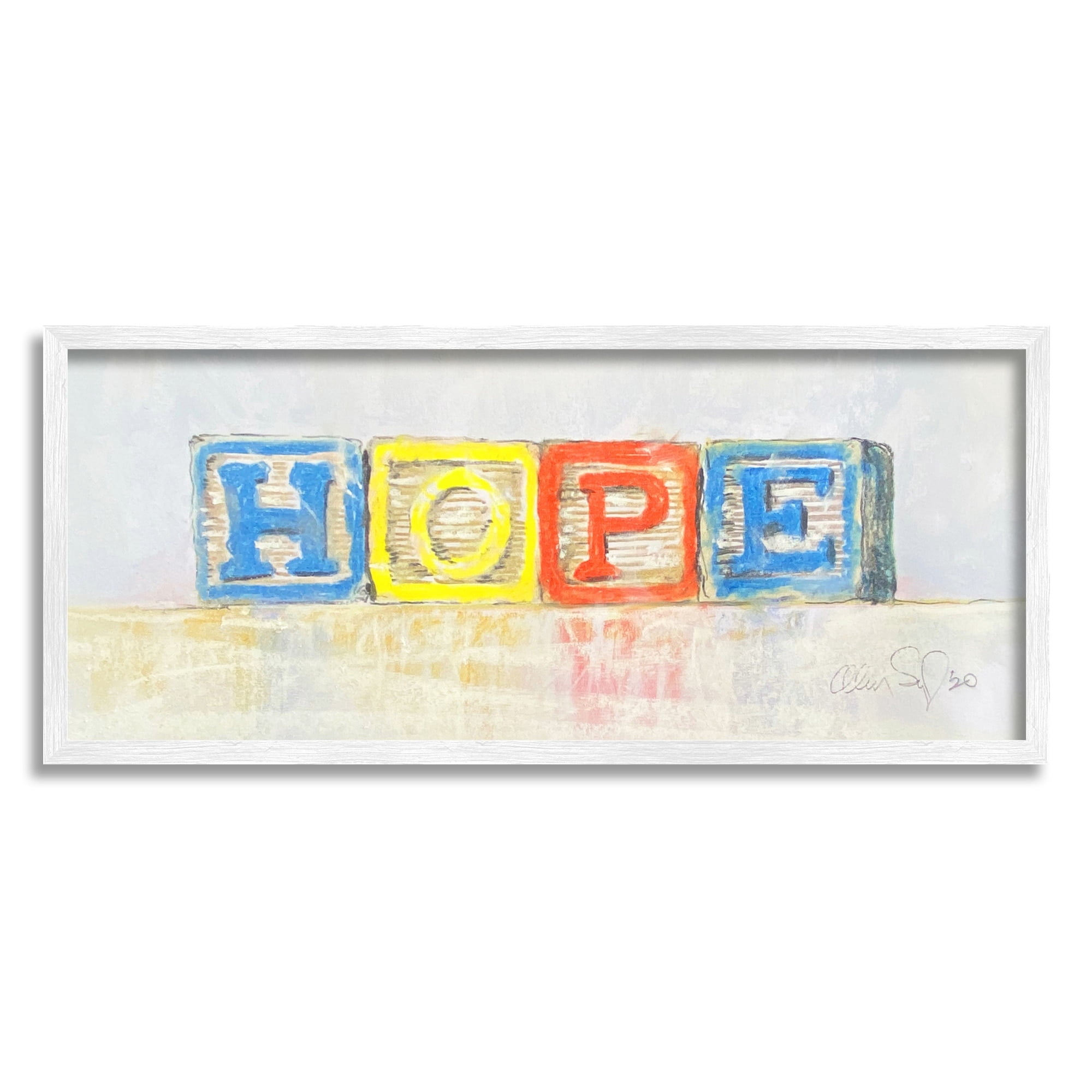 Stupell Industries Hope Typography Vintage Kids' Building Block Arrangement Inspirational Painting White Framed Art Print Wall Art, 13 x 30