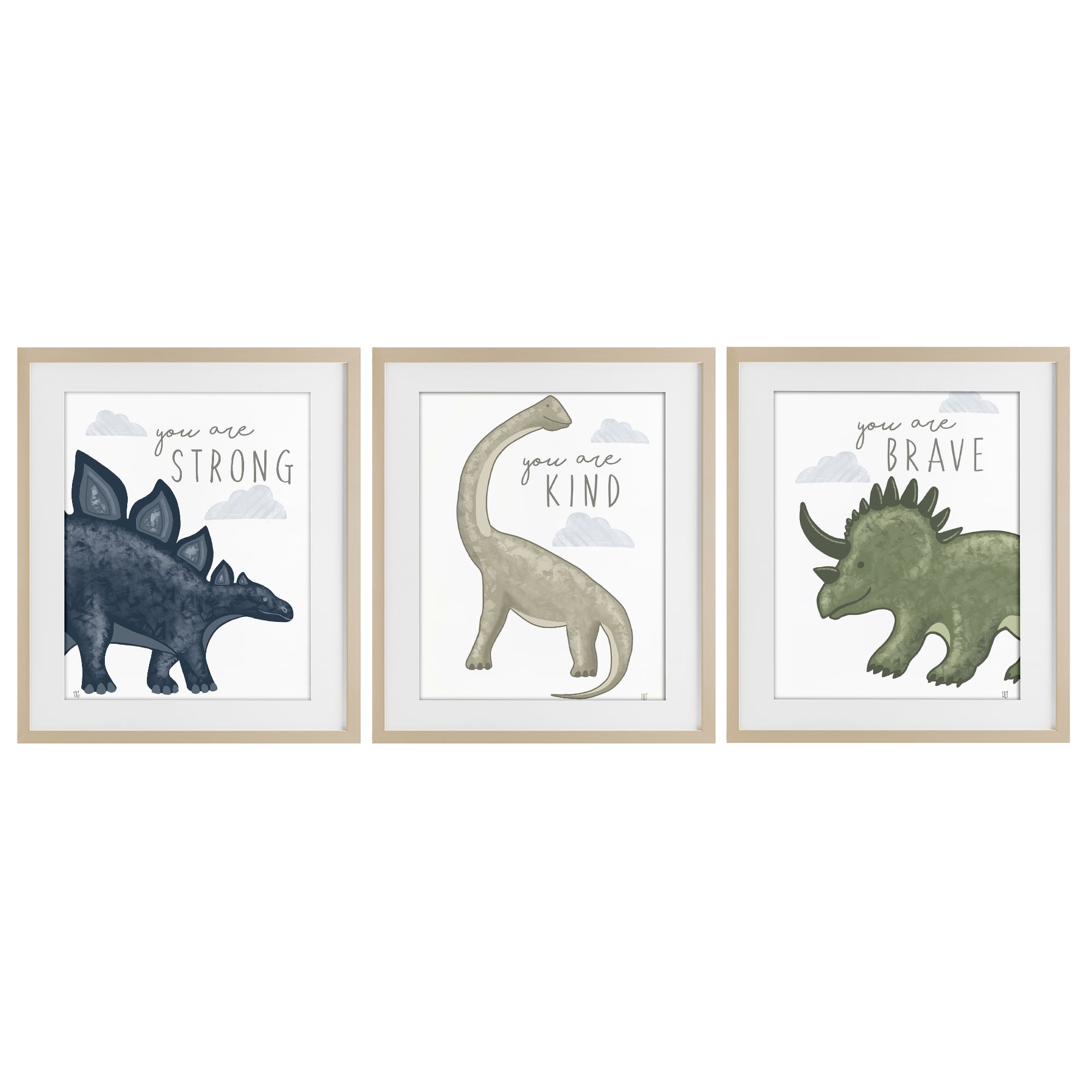 Stupell Industries Hopeful Encouraging Dinosaurs 3 Piece Birch Framed Print Under Glass Set, design by Elizabeth Tyndall