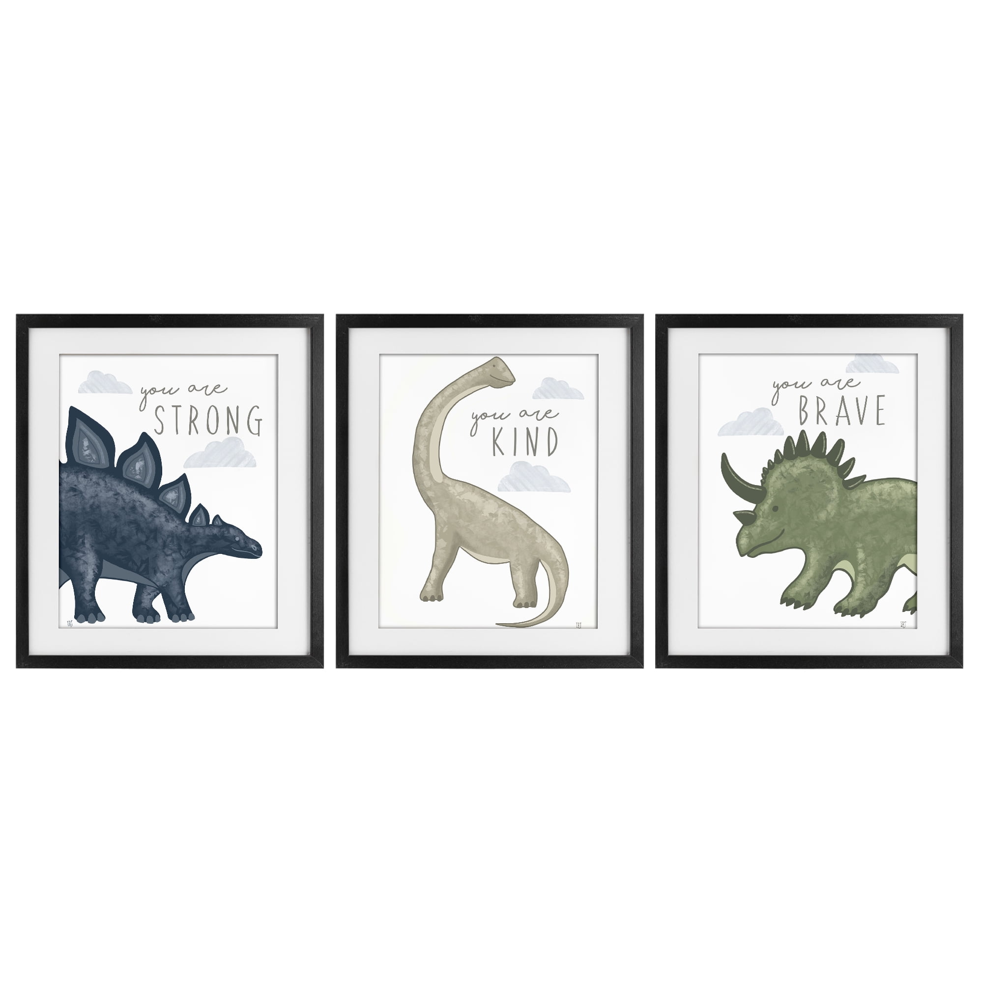 Stupell Industries Hopeful Encouraging Dinosaurs 3 Piece Black Framed Print Under Glass Set, design by Elizabeth Tyndall