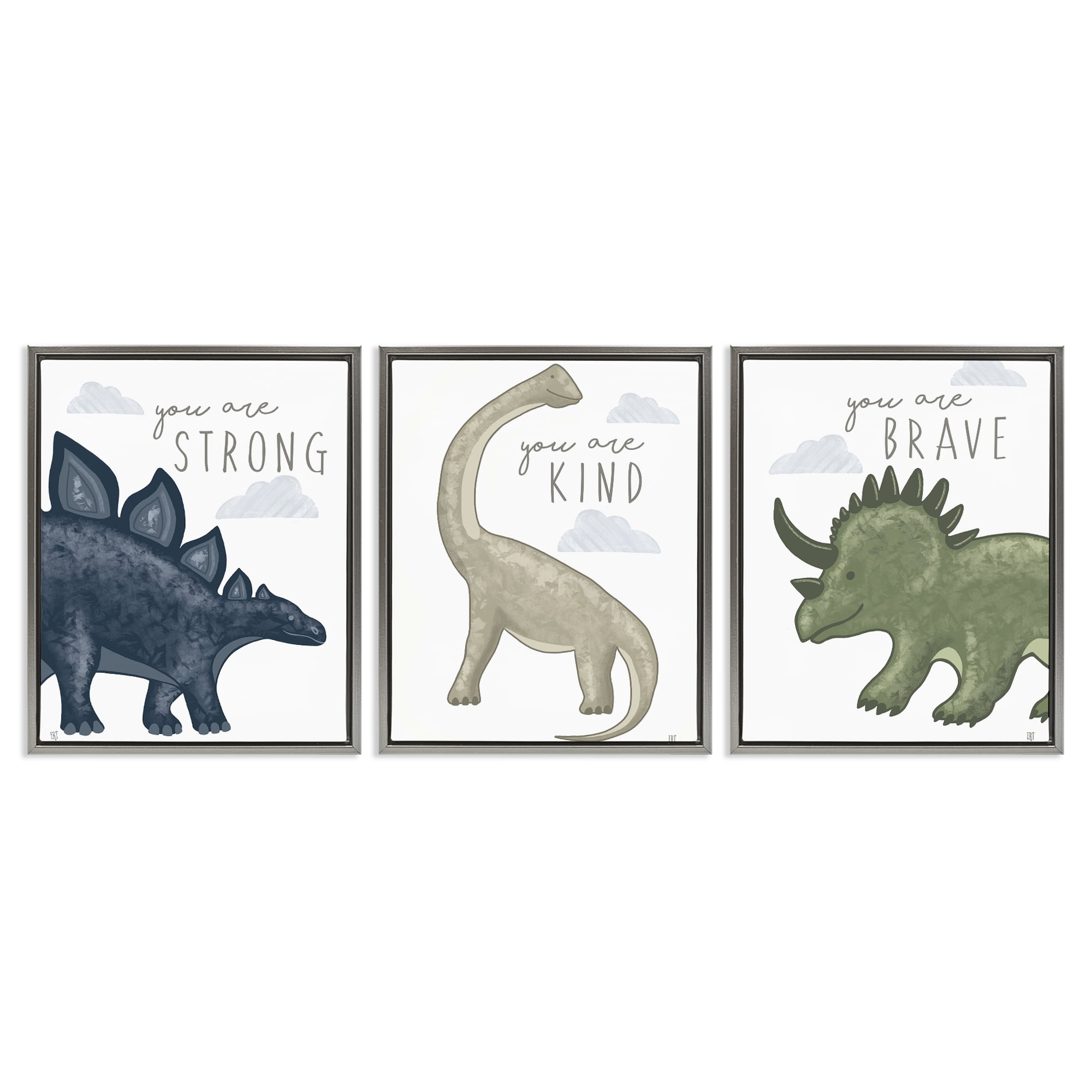 Stupell Industries Hopeful Encouraging Dinosaurs 3 Piece Gray Framed Floater Canvas Set, design by Elizabeth Tyndall