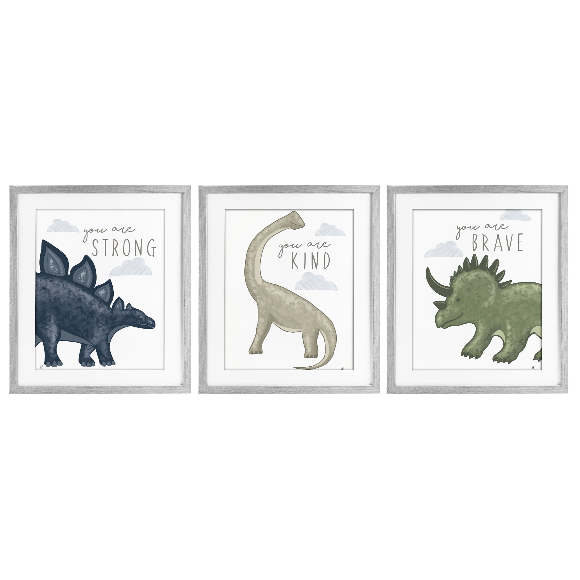 Stupell Industries Hopeful Encouraging Dinosaurs 3 Piece Gray Framed Print Under Glass Set, design by Elizabeth Tyndall