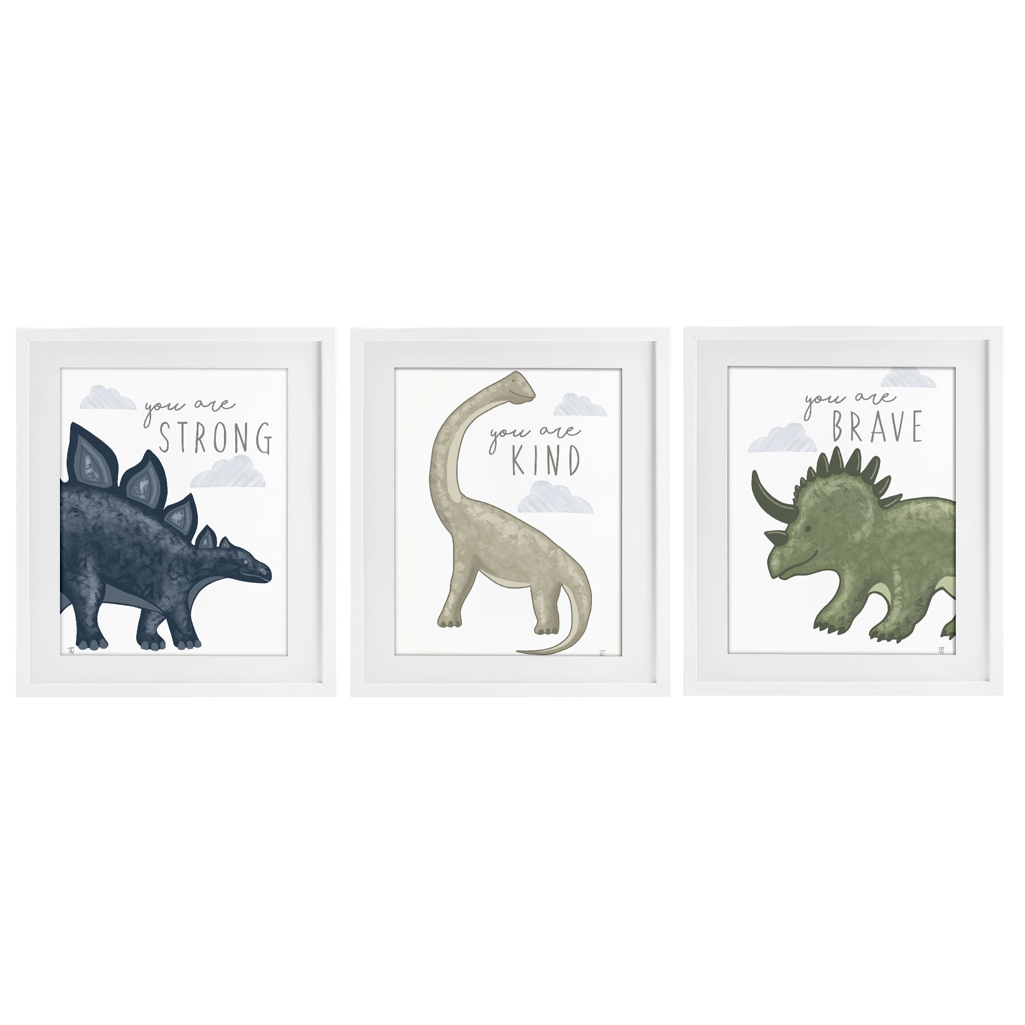 Stupell Industries Hopeful Encouraging Dinosaurs 3 Piece White Framed Print Under Glass Set, design by Elizabeth Tyndall