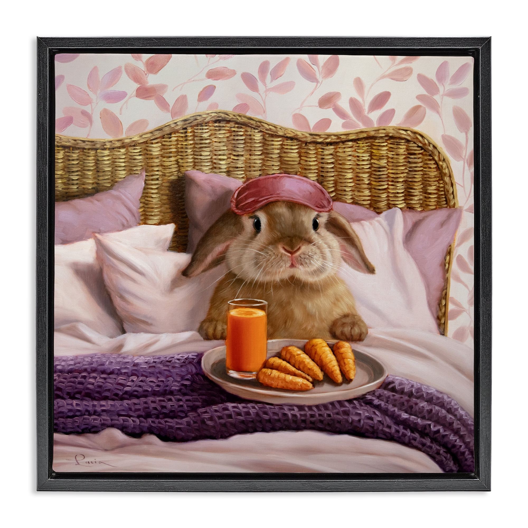Stupell Industries Hoppy Meal Bunny in Bed Black Framed Floater Canvas Wall Art, design by Lucia Heffernan