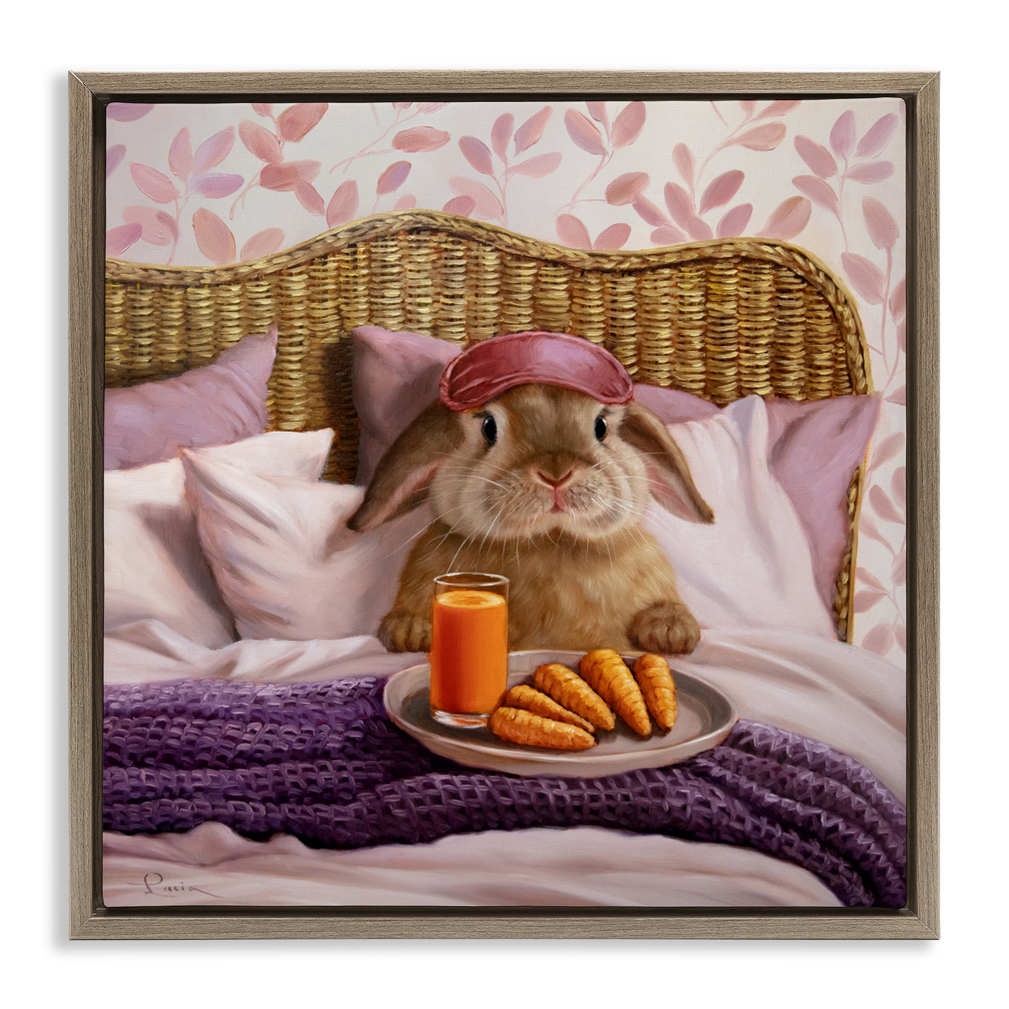 Stupell Industries Hoppy Meal Bunny in Bed Brown Framed Floater Canvas Wall Art, design by Lucia Heffernan