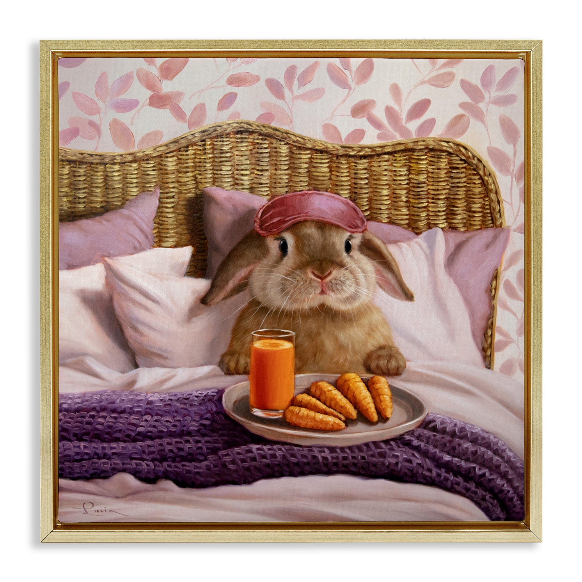 Stupell Industries Hoppy Meal Bunny in Bed Gold Framed Floater Canvas Wall Art, design by Lucia Heffernan
